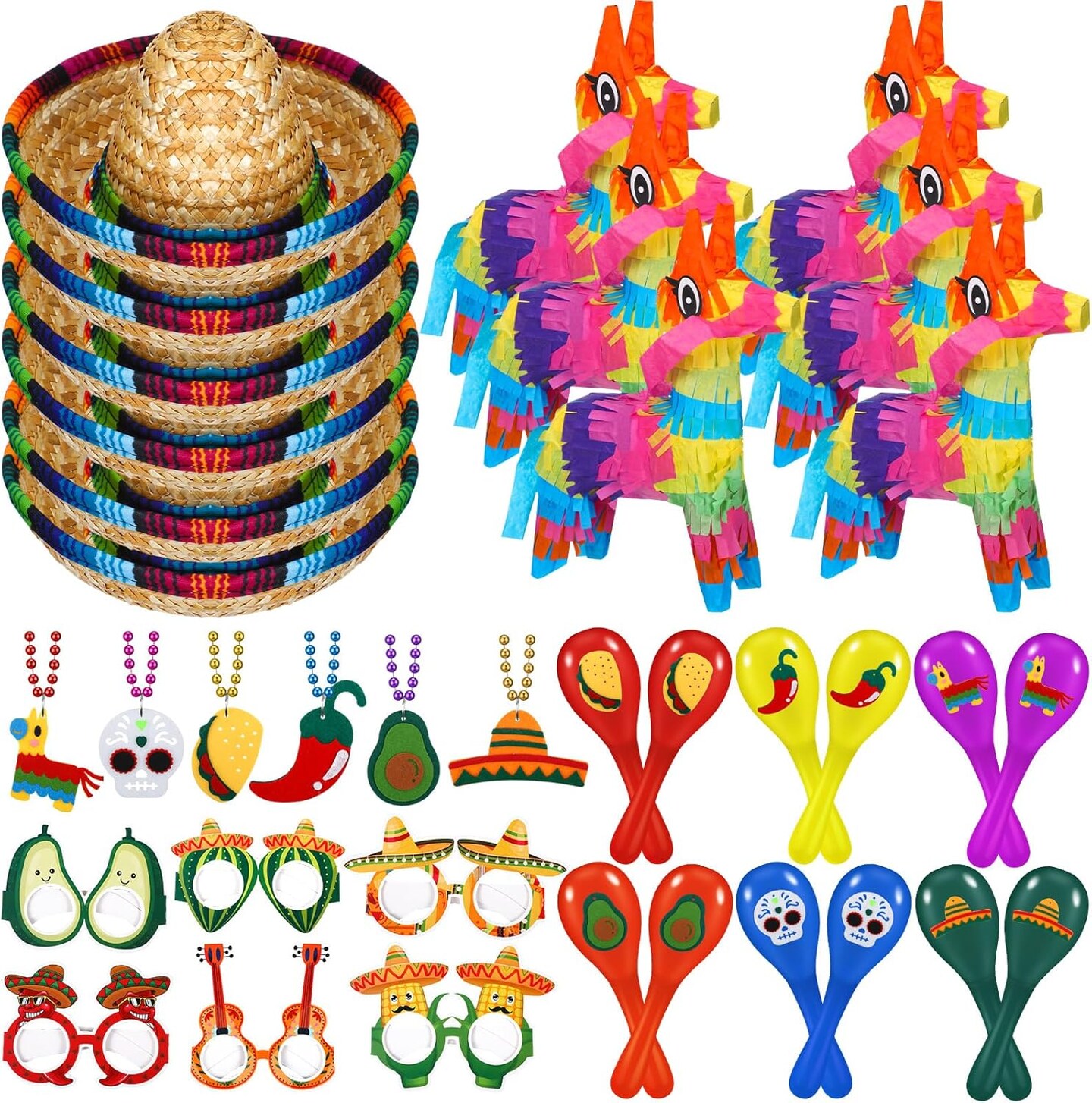 36 Pieces Mexican Fiesta Party Decorations 7.5x4.3 Inch Mini Donkey Pi&#xF1;ata Mini Mexico Sombrero Hats Wooden Maracas Necklaces Eyeglasses for Cinco De Mayo Dia De Los Muertos Costume