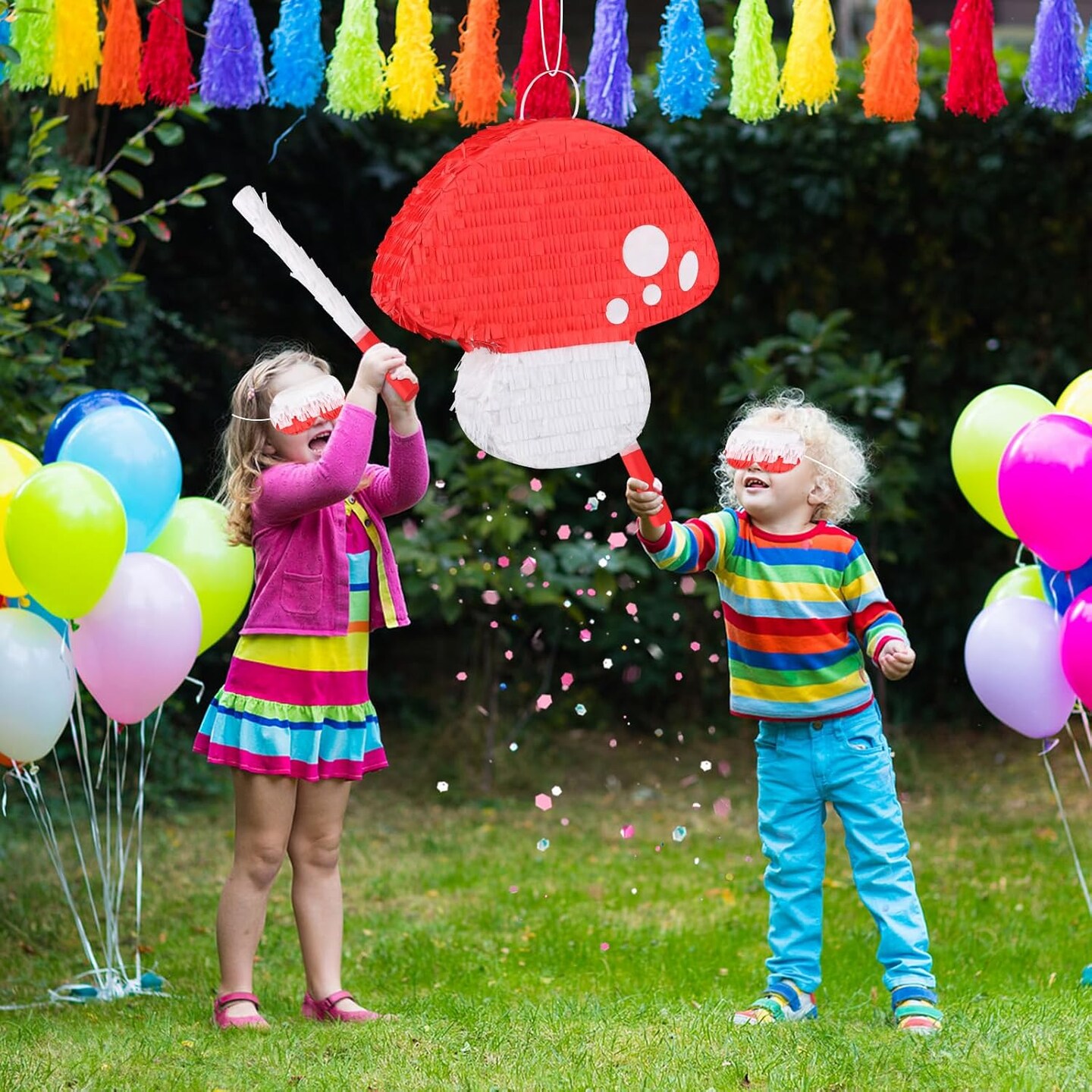 Mushroom Pinata with Stick and Blindfold 3D Red Mushroom Pinata for Kids Fairy Theme Birthday Party Decorations Forest Jungle Party Supplies Baby Shower Fantasy Decor