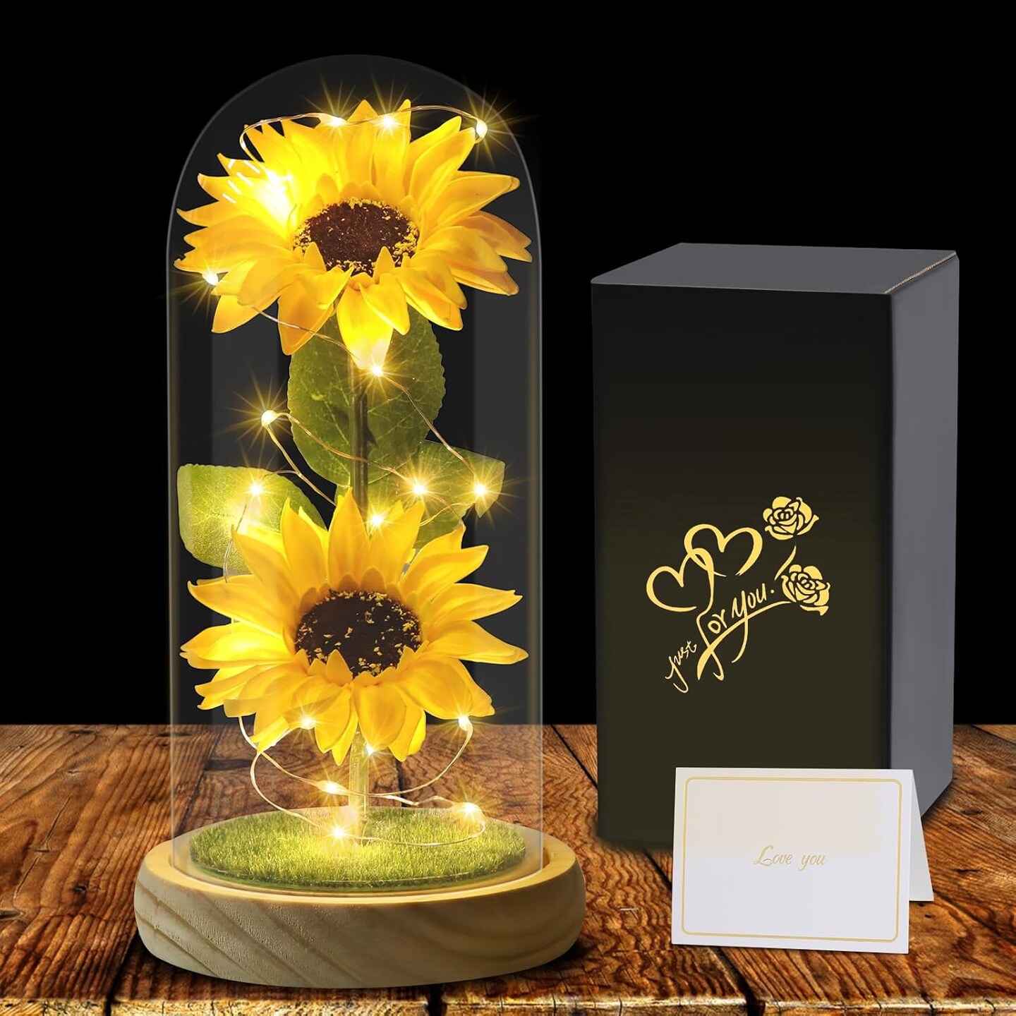 Sunflower Tabletop Gifts for Women Mom Grandma, Enchanted LED Sunflower Lamp, Unique Artificial Flowers in Glass Dome