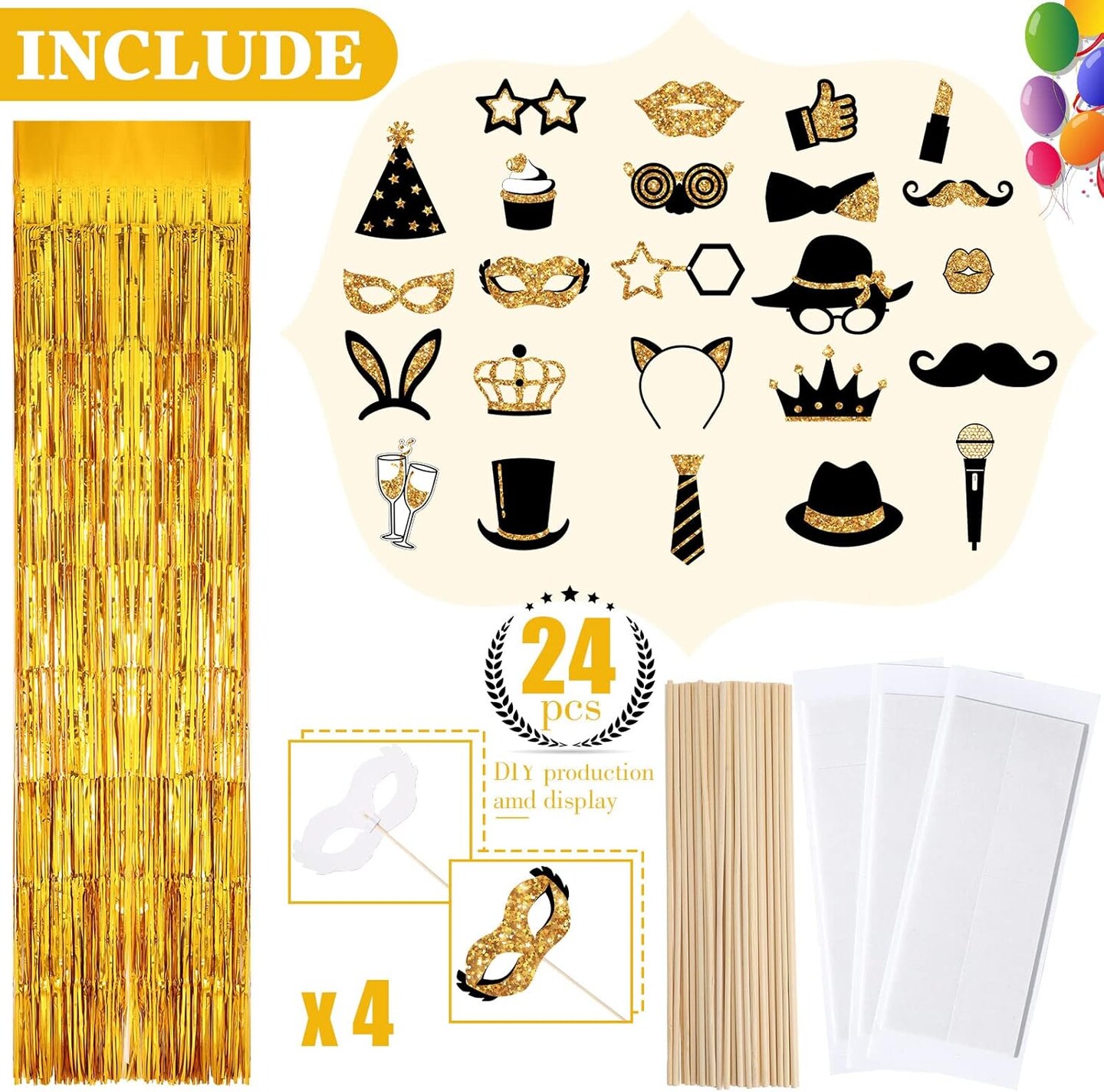 28 Pcs Photo Booth Props for Birthday Wedding Party Decorations Mix of 24 Photo Props, 4 Pcs 3.28 x 6.56 ft Foil Fringe Curtains Party Supplies for Prom Birthday Wedding Graduation (Gold)