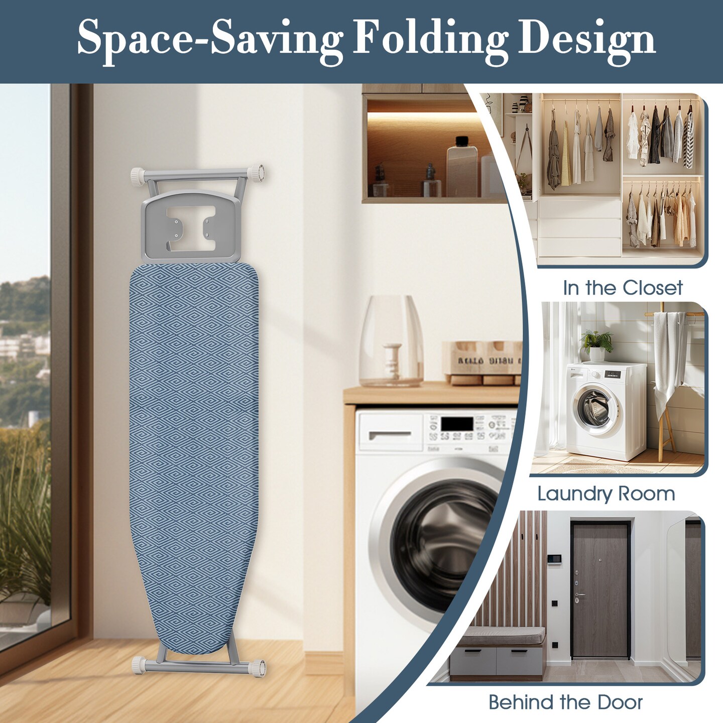 Adjustable Carbon Steel Ironing Board with Heat-Resistant Silver Coating and Iron Rest – 7-Level Height