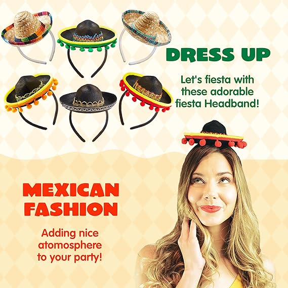 6 PCS Cinco De Mayo Fiesta Fabric and Straw Sombrero Headbands Party Costume for Fun Fiesta Hat Party Supplies, Luau Event Photo Props, Mexican Theme Decorations and Party Favors