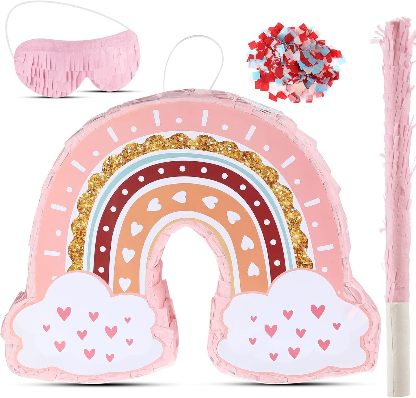 Rainbow Piñata Pink Rainbow Birthday Party Piñata with Bat Stick Blindfold Boho Theme Birthday Baby Shower Toys Games Party Supplies Decor