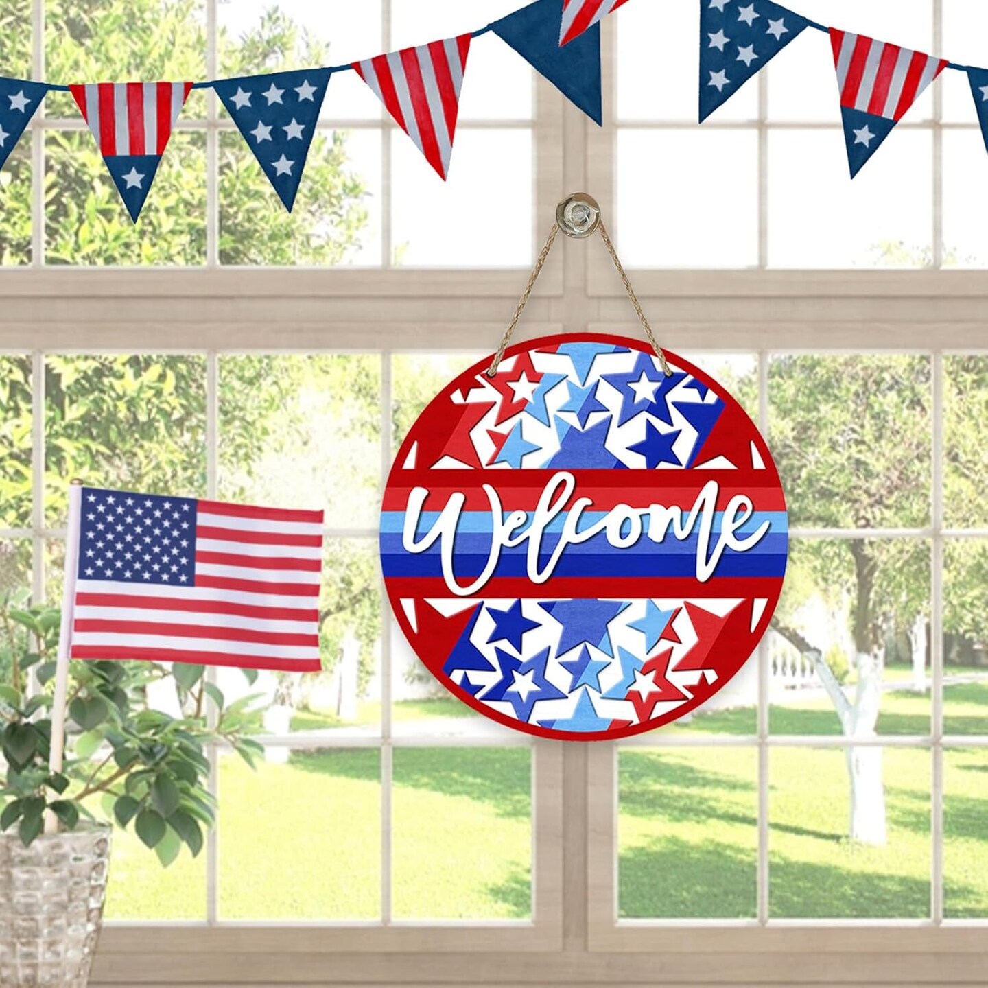 Welcome 4th of July Patriotic Sign for Front Door Decor, Blue Red Stars Stripes America USA Wood Door Hanger for Outdoor Outside Porch, American Wooden Wreath Indoor Wall Hanging Decoration