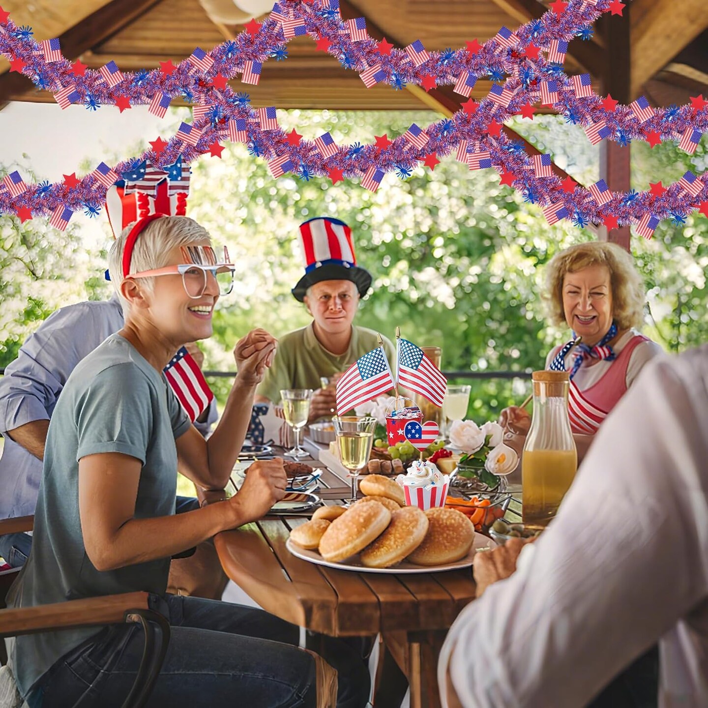 4th of July Decorations,33FT 4th of July Tinsel Garland with Star Firework American Flag, Patriotic Red White Blue Metallic Twist Garland for Home Tree Mantle Indoor Outdoor Parade Independence Day