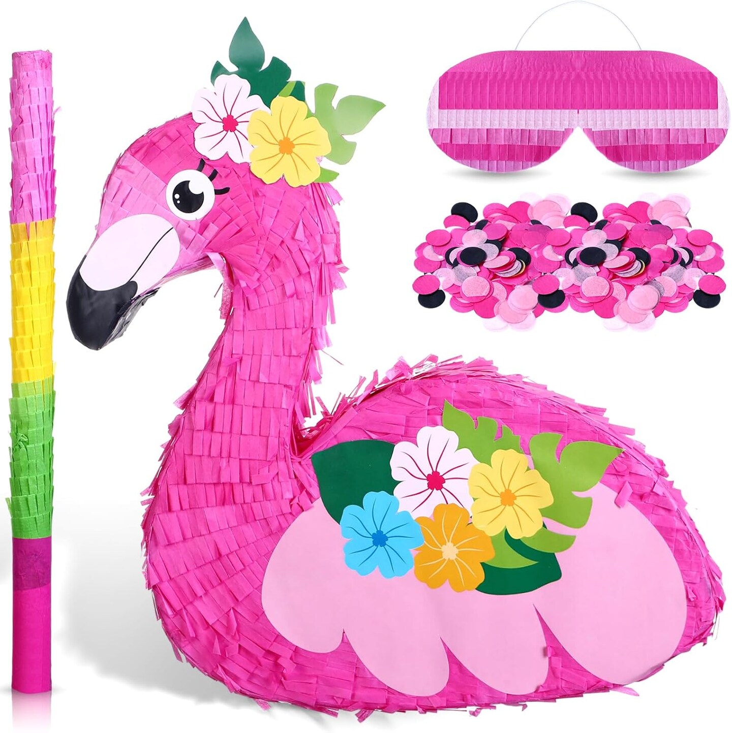 Pink Flamingo Pi&#xF1;atas Hawaiian Flamingo Pi&#xF1;atas with Stick, Blindfold and Confetti, Flamingo Pi&#xF1;atas for Kids Birthday Party Fiestas Decorations Hawaii Summer Theme Anniversary Celebration