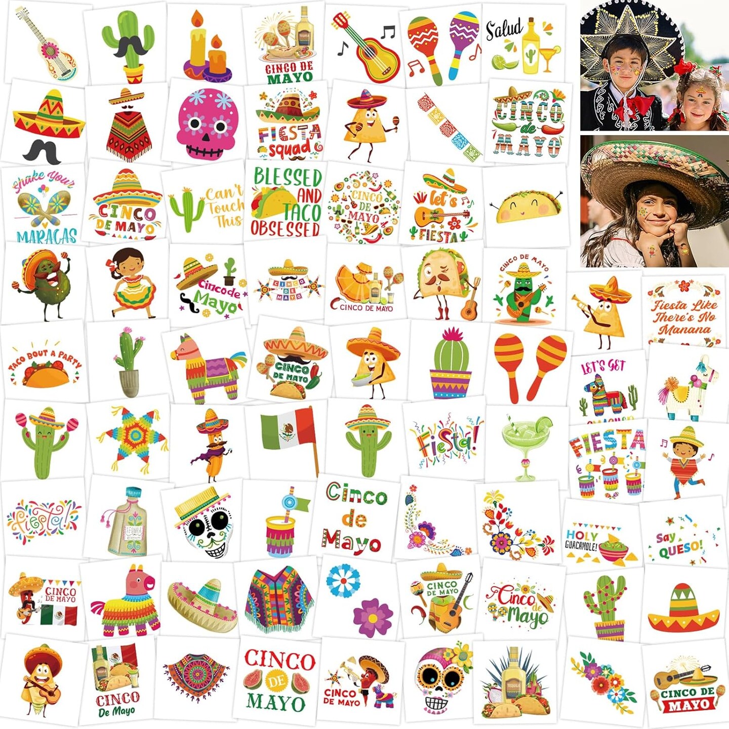 Cinco De Mayo Mexican Fiesta Temporary Tattoos Face Body Stickers 75pcs Party Favors for Kids Decorations Supplies