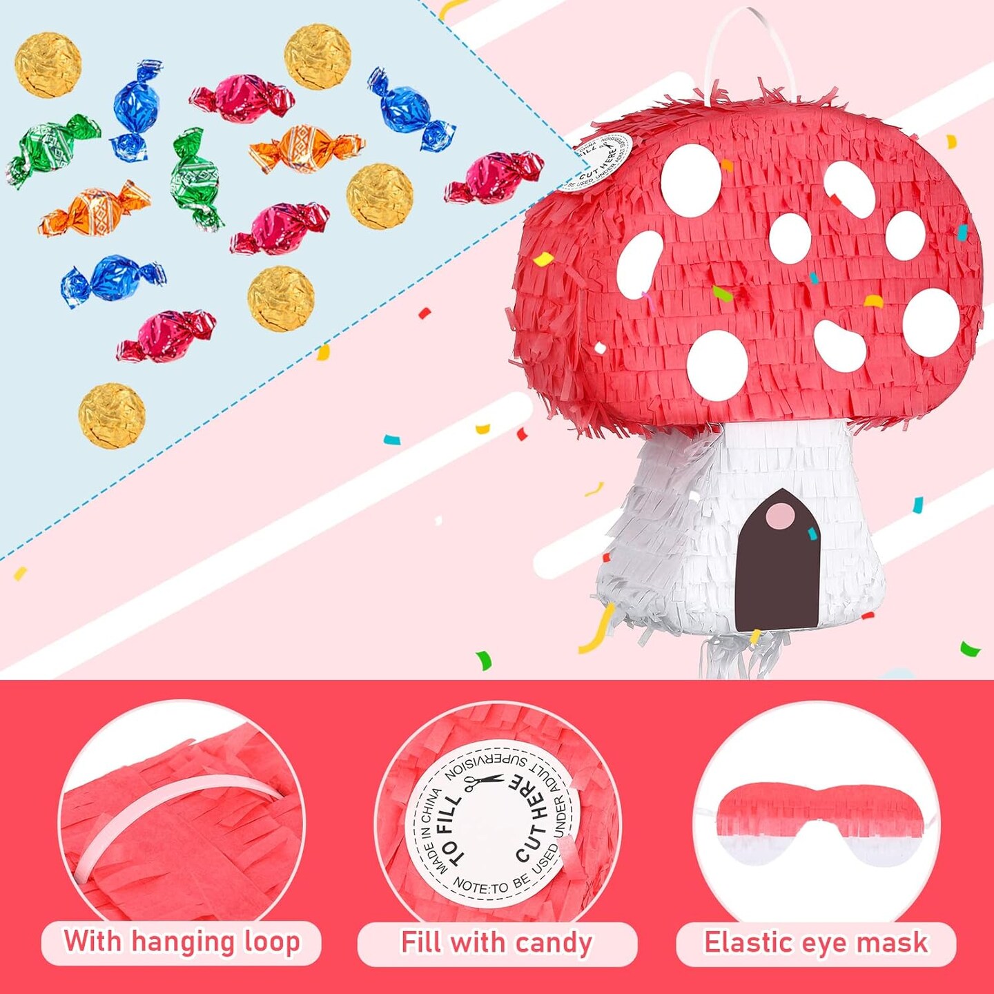 Mushroom Pinata with Stick and Blindfold, Paper, Baby Shower, Fantasy Theme Decoration