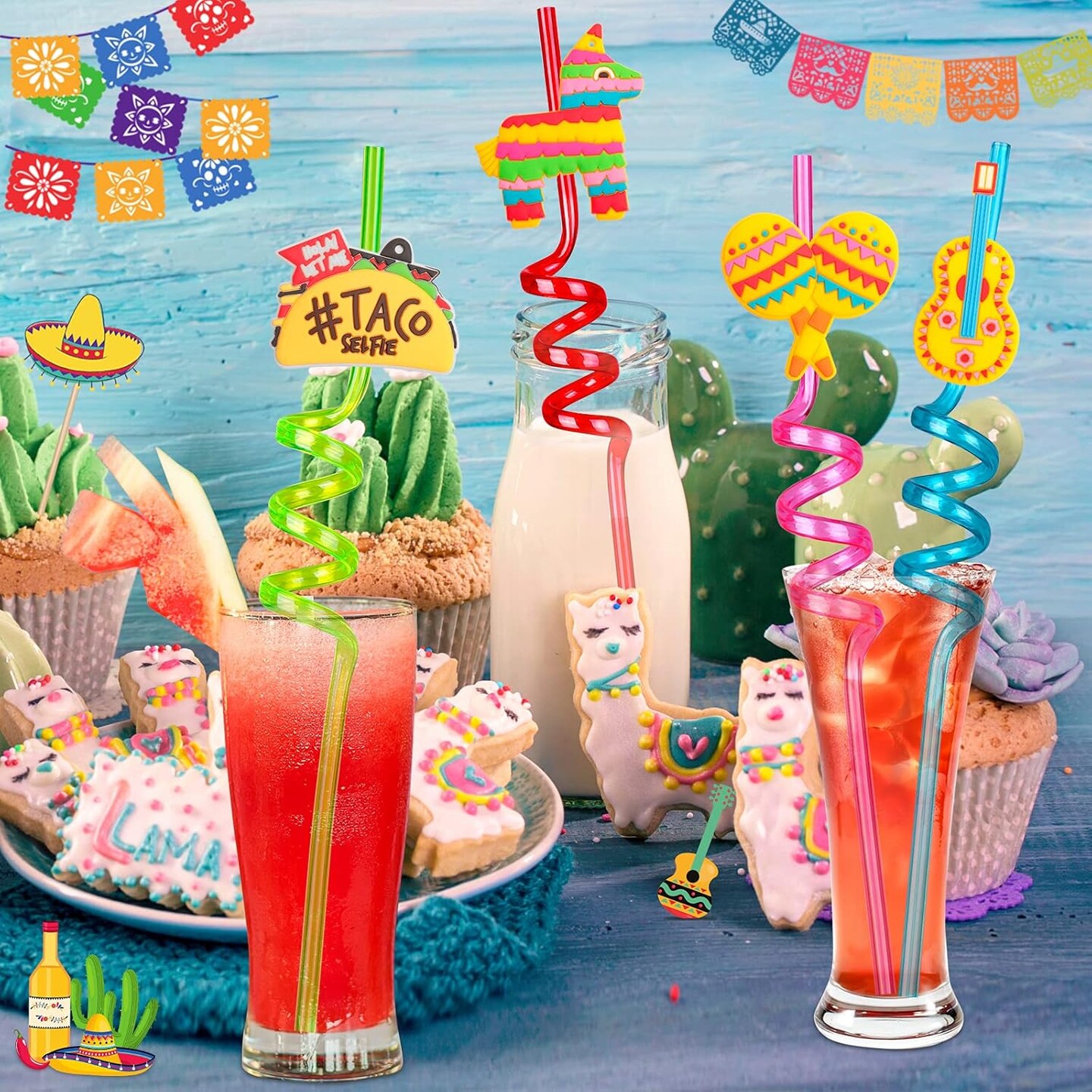 24PCS Mexican Fiesta Straws for Party Favors - Plastic Drinking Straws for Cinco De Mayo Party Supplies, Straws for Mexican Fiesta Taco Themed Party Straws for Kids Boys Girls Party Supplies