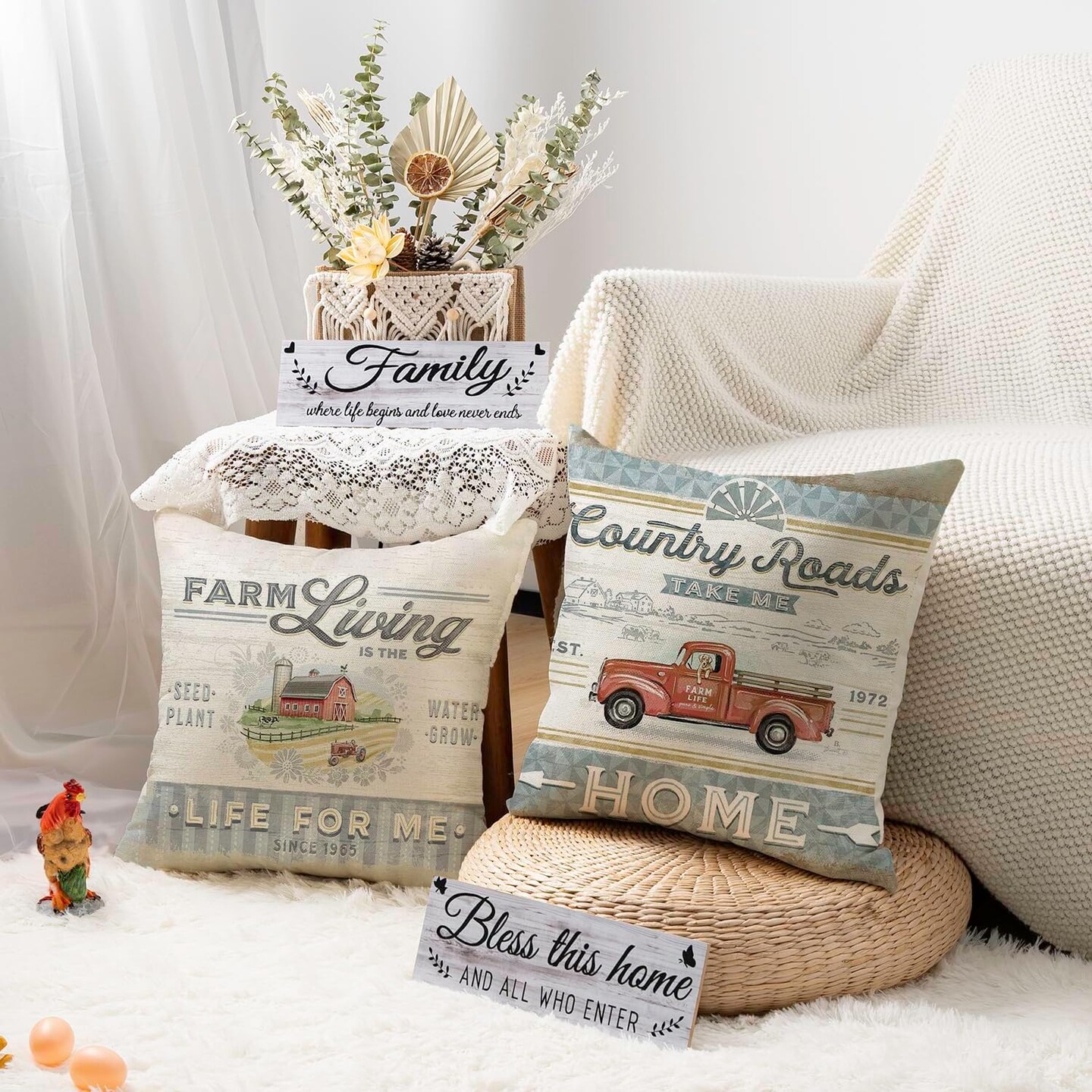 Farmhouse Animal Pillow Covers 18x18 Set of 4 Retro Farmer's Market Truck Rooster Sheep Feed Seed Premium Poultry Farm Home Décor Throw Pillow Case Cushion Cover for Sofa