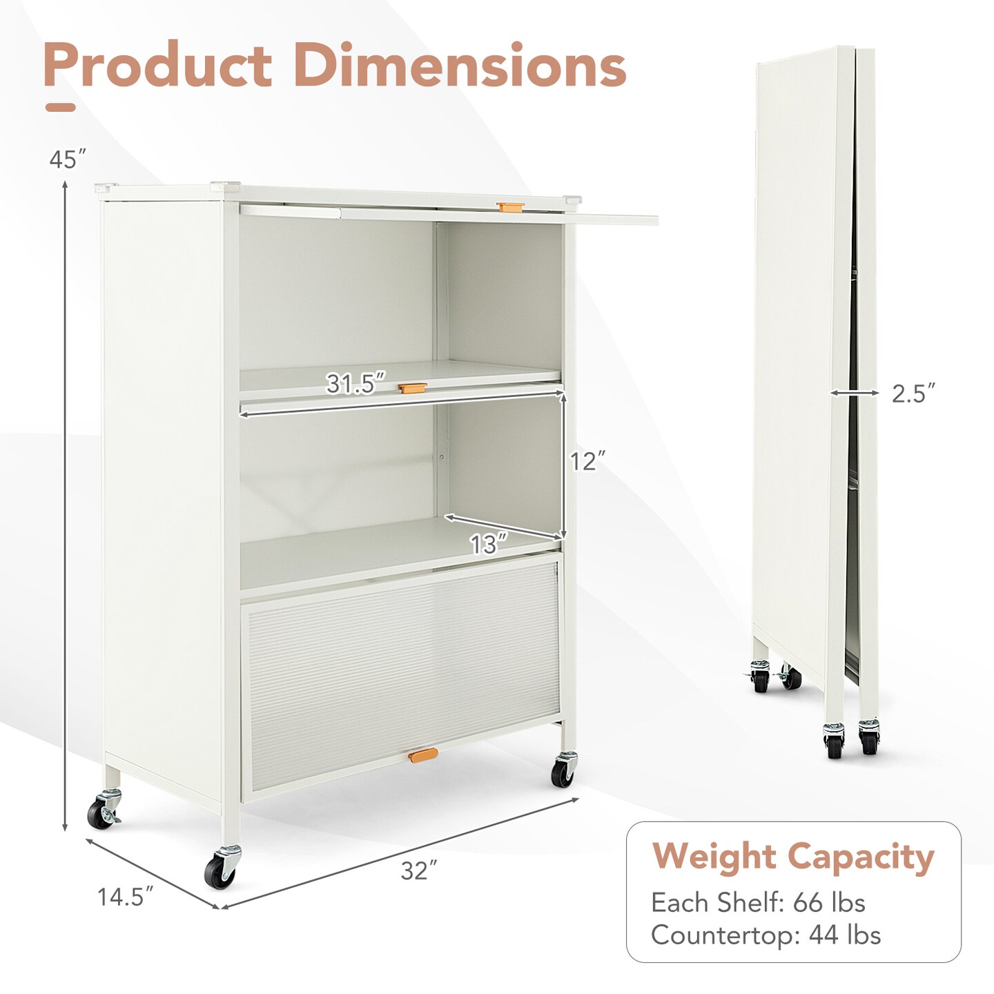 4-Tier White Metal Foldable Kitchen Bakers Rack with Flip Doors and 4 Universal Wheels