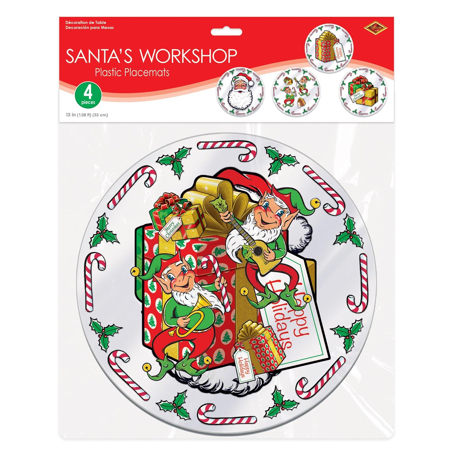 48 Pack Beistle Christmas Plastic Santa&#x27;s Workshop Round Placemats
