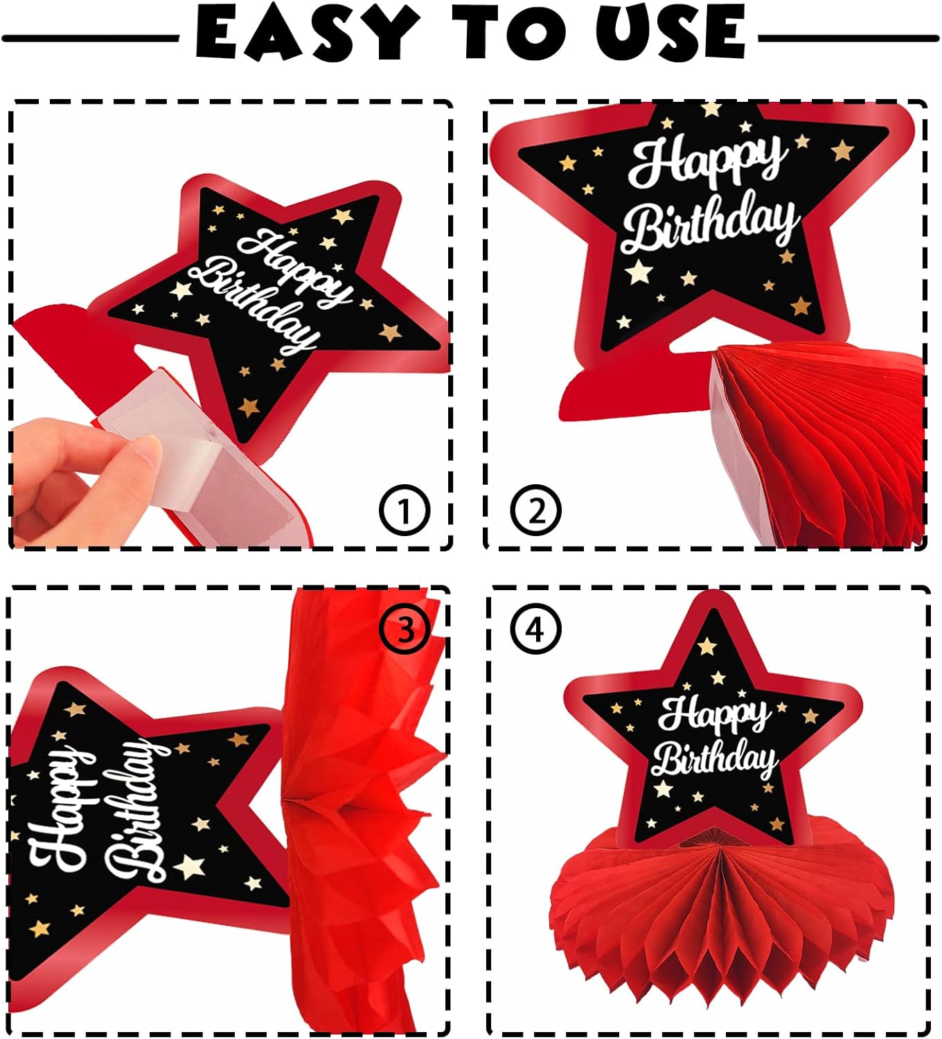 Happy Birthday Red and Black Table Honeycomb Centerpieces Balloons Theme Decor Table Decorations Table Toppers for Girls Women Princess 6th 21st 30th 40th 50th 60th Birthday Party Bday Supplies Gold