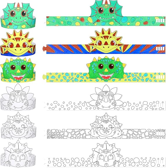 24 Pcs Color Your Own Dinosaur Crown for Kids Dino Coloring Paper Crown for Birthday Party Hats Dinosaur Theme Family Events Party Theme Events Sunday School Activities