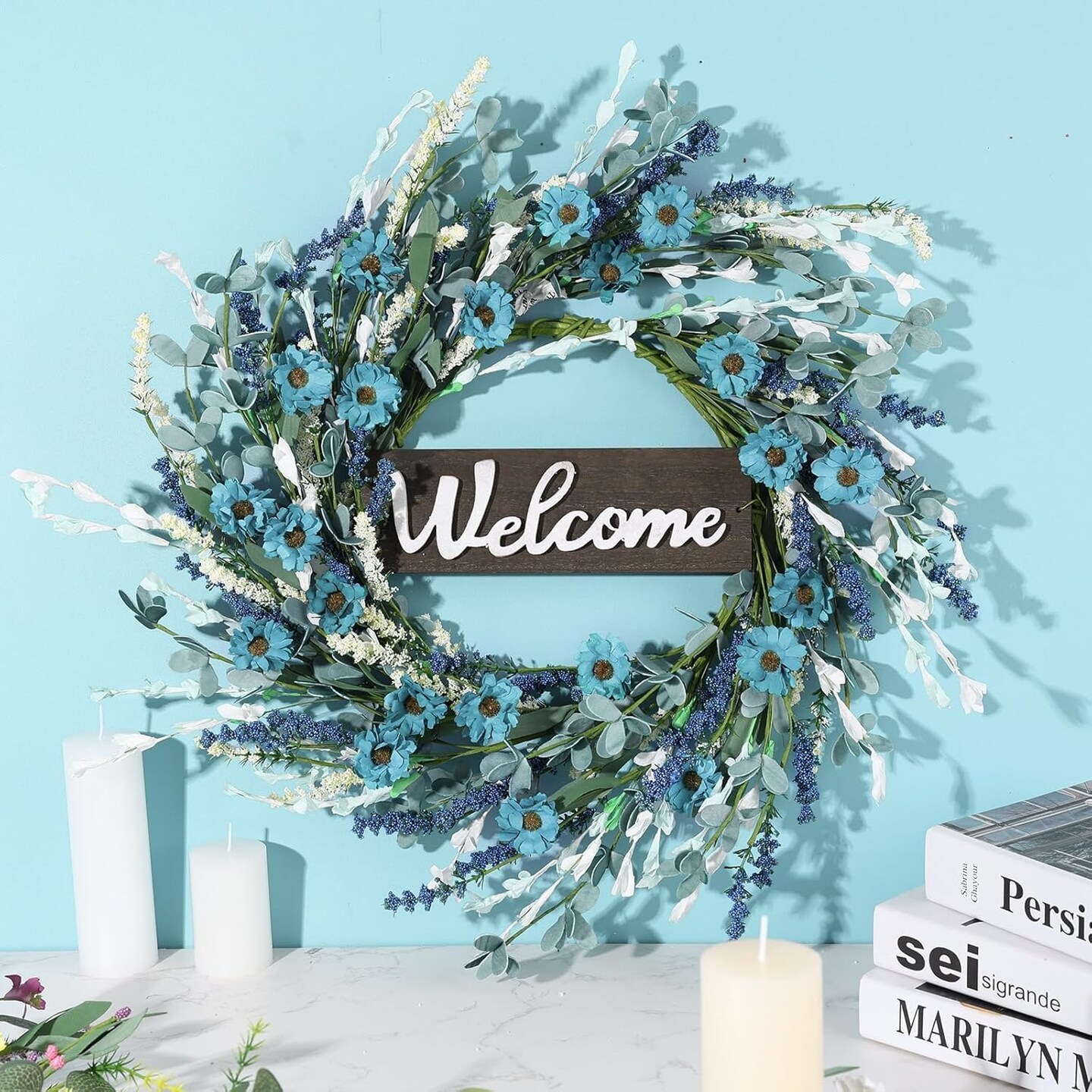 24inch Artificial Blue Forsythia Spring Flower Wreath for Front Door