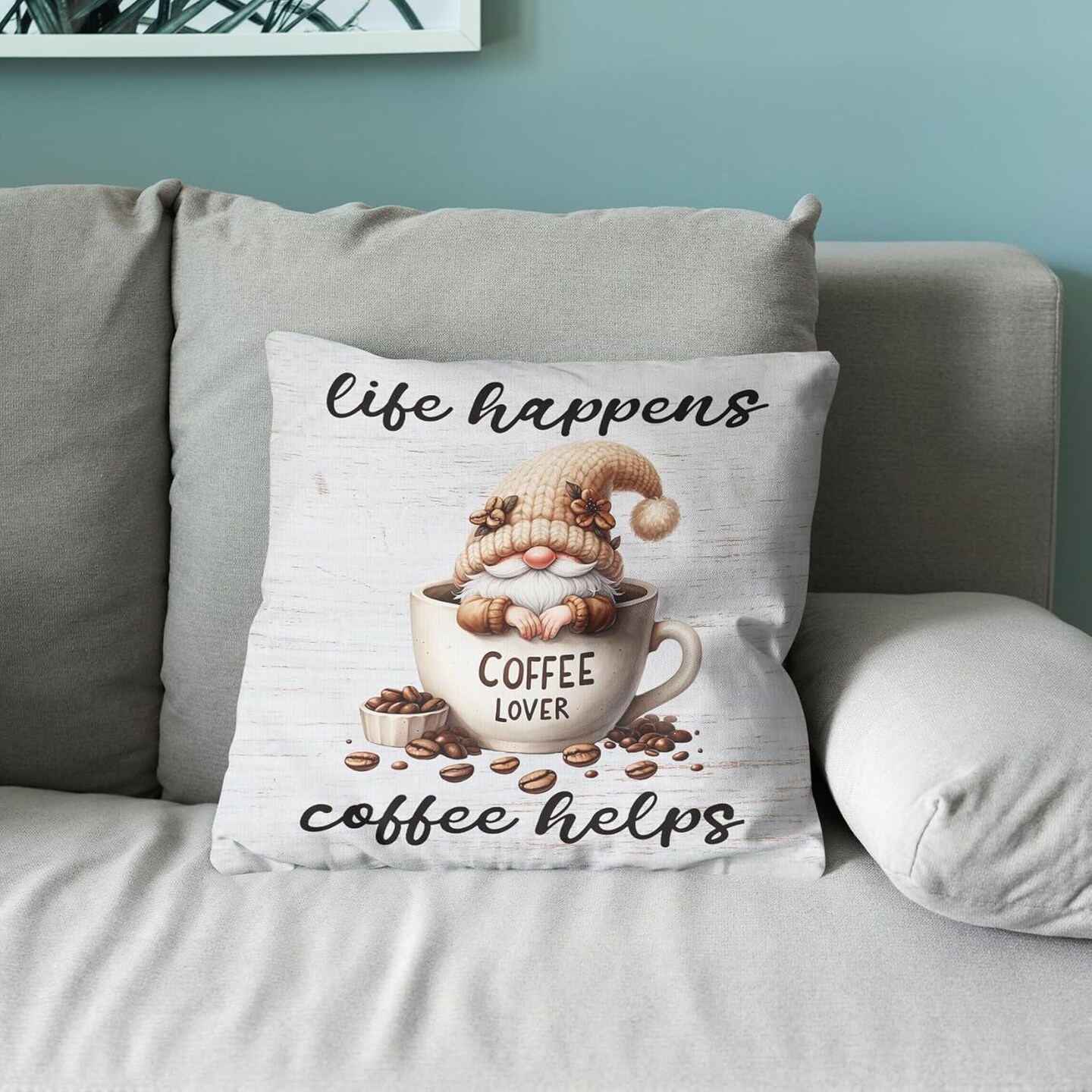 Coffee Gnomes Pillow Covers 18x18, Life Happens Coffee Helps Cute Sofa Decor Throw Pillow Covers for Kitchen Coffee Bar Coffee Station Office Room Decor, Gnome Sign Gnome Lovers Gifts