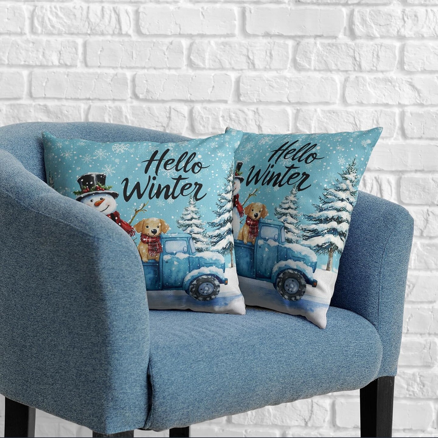 Hello Winter Pillow Covers 18x18 Set of 2 Blue Truck with Lovely Snowman Puppy Dog Throw Pillow Case Snowflakes Snowman Cushion Case for Holiday Decorations Couch Sofa