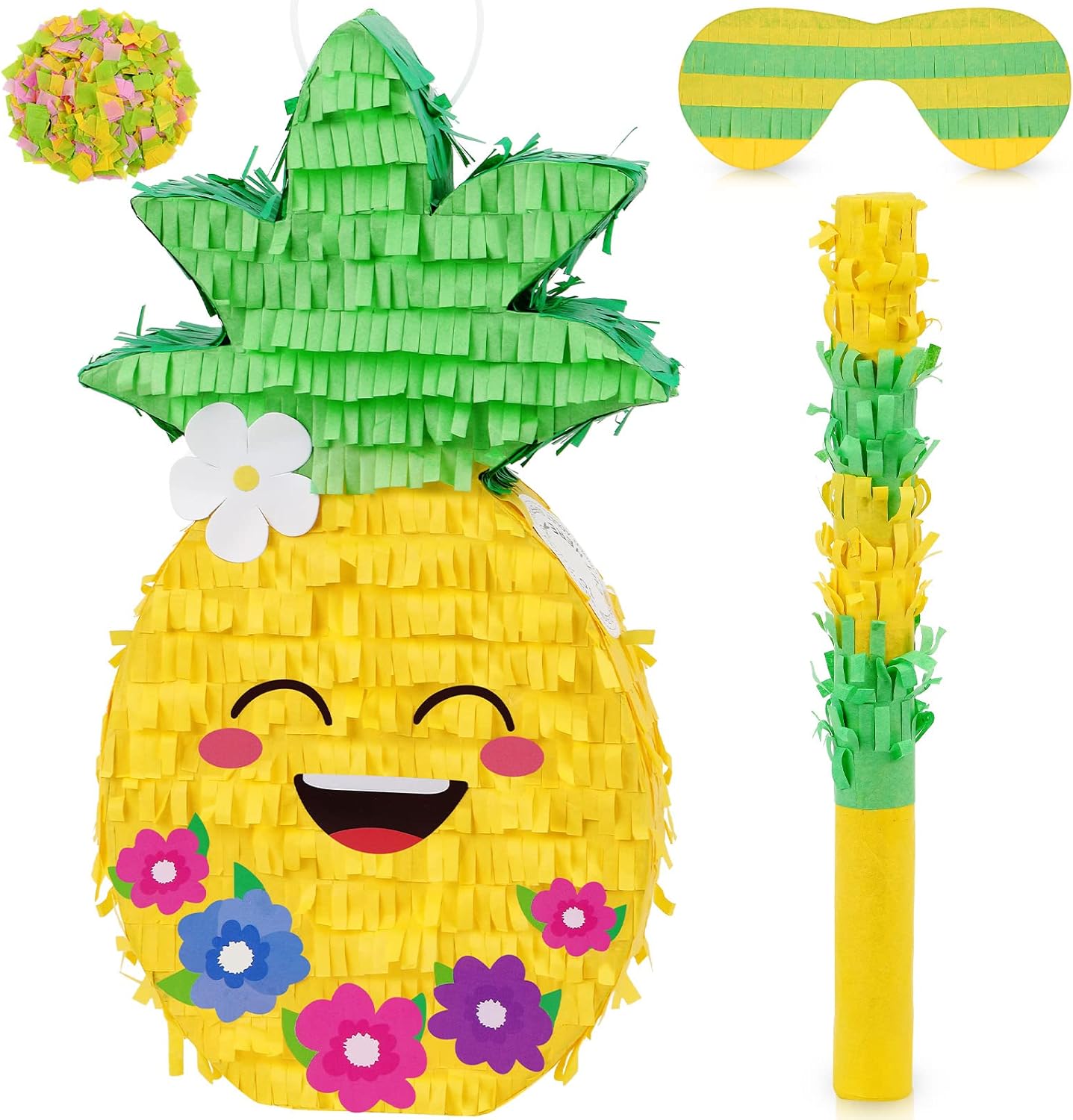 Small Pineapple Pinata for Hawaiian Luau Party Decorations Fruit Pinatas with Wooden Stake Paper Blindfold Colorful Confetti