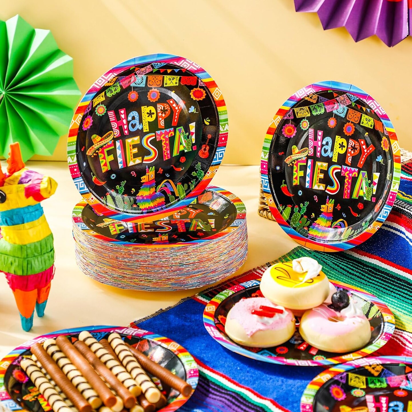 100 Pcs Mexican Paper Plates 7 Inch Disposable Fiesta Cake Dessert Plates Cinco De Mayo Party Decorations for Taco Tuesday Birthday Party Supplies(Fiesta Style)