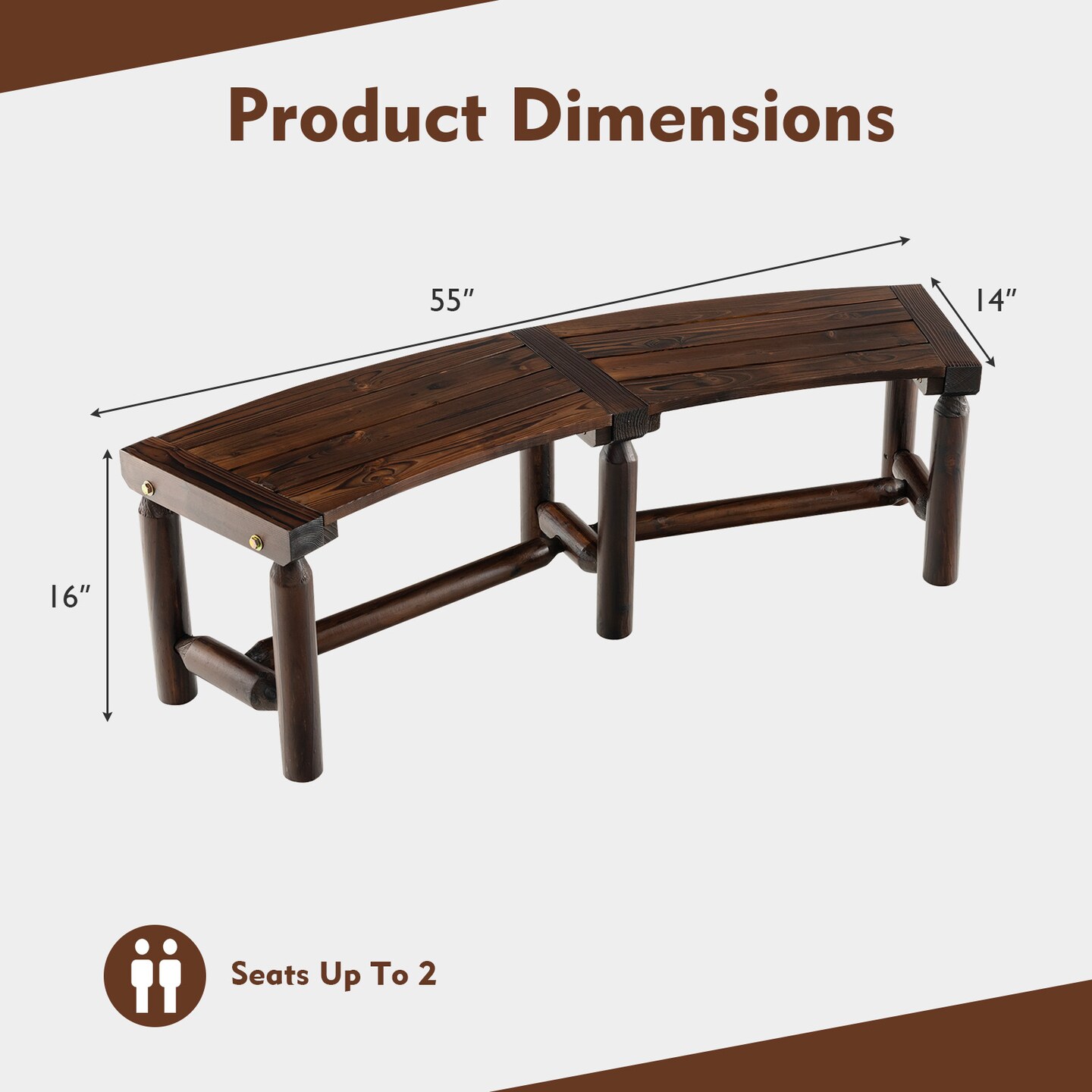 Rustic Brown Outdoor Patio Bench Carbonized Fir & Pine Wood Curved Design