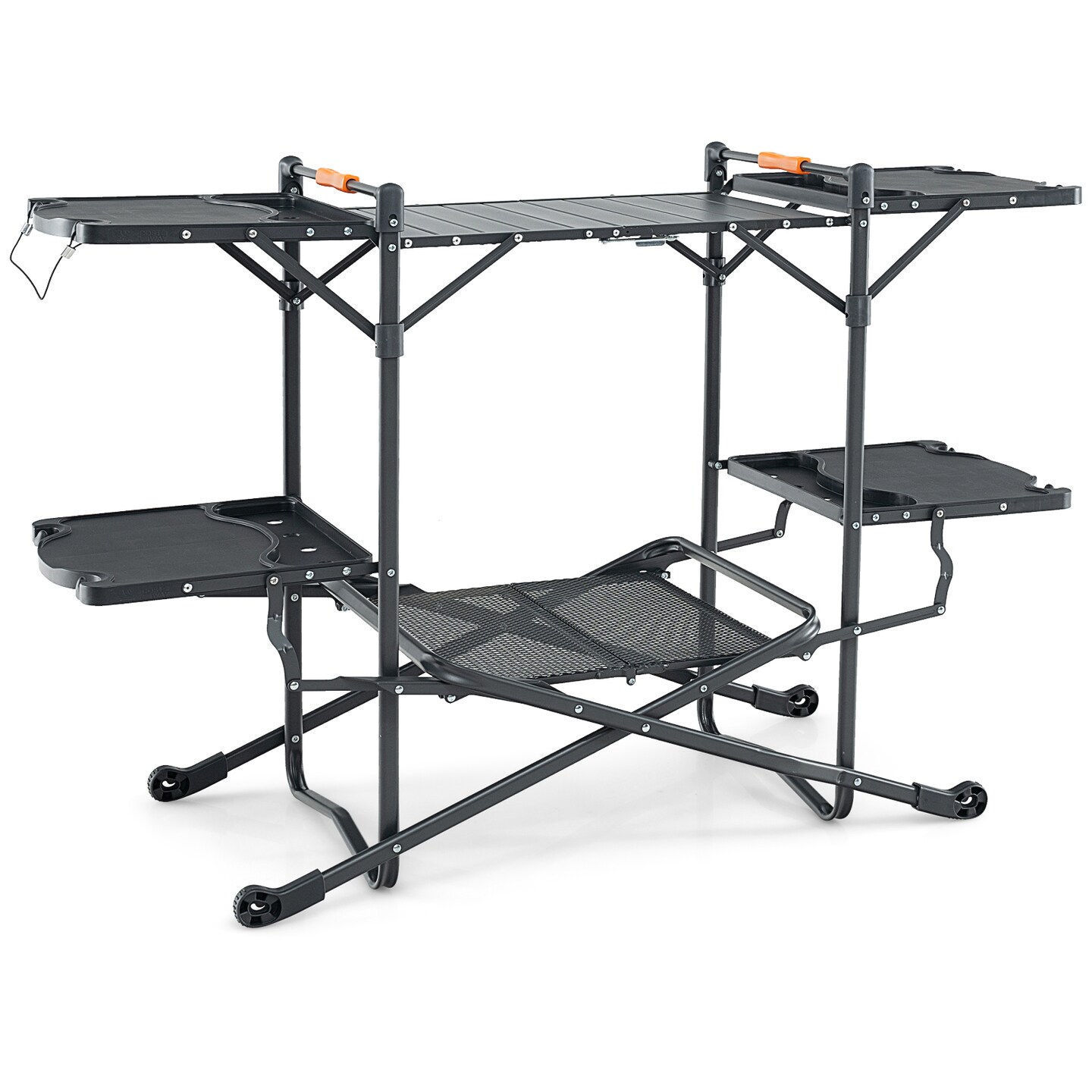 Black Foldable Portable Outdoor Cook Station with X-Shaped Frame and Aluminum Tabletop