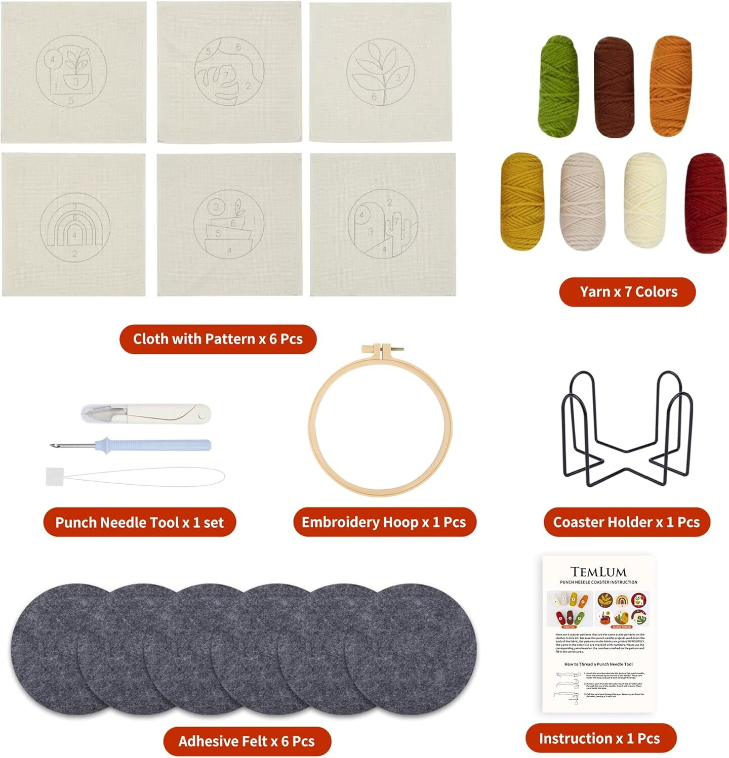 Punch Needle Coasters Kit, Punch Needle Embroidery Kit for Beginners and Adults Including Patterns, Tools, Yarns, Hoop, Instruction, Coaster Holder Coaster Art Craft Supplies (Plants)