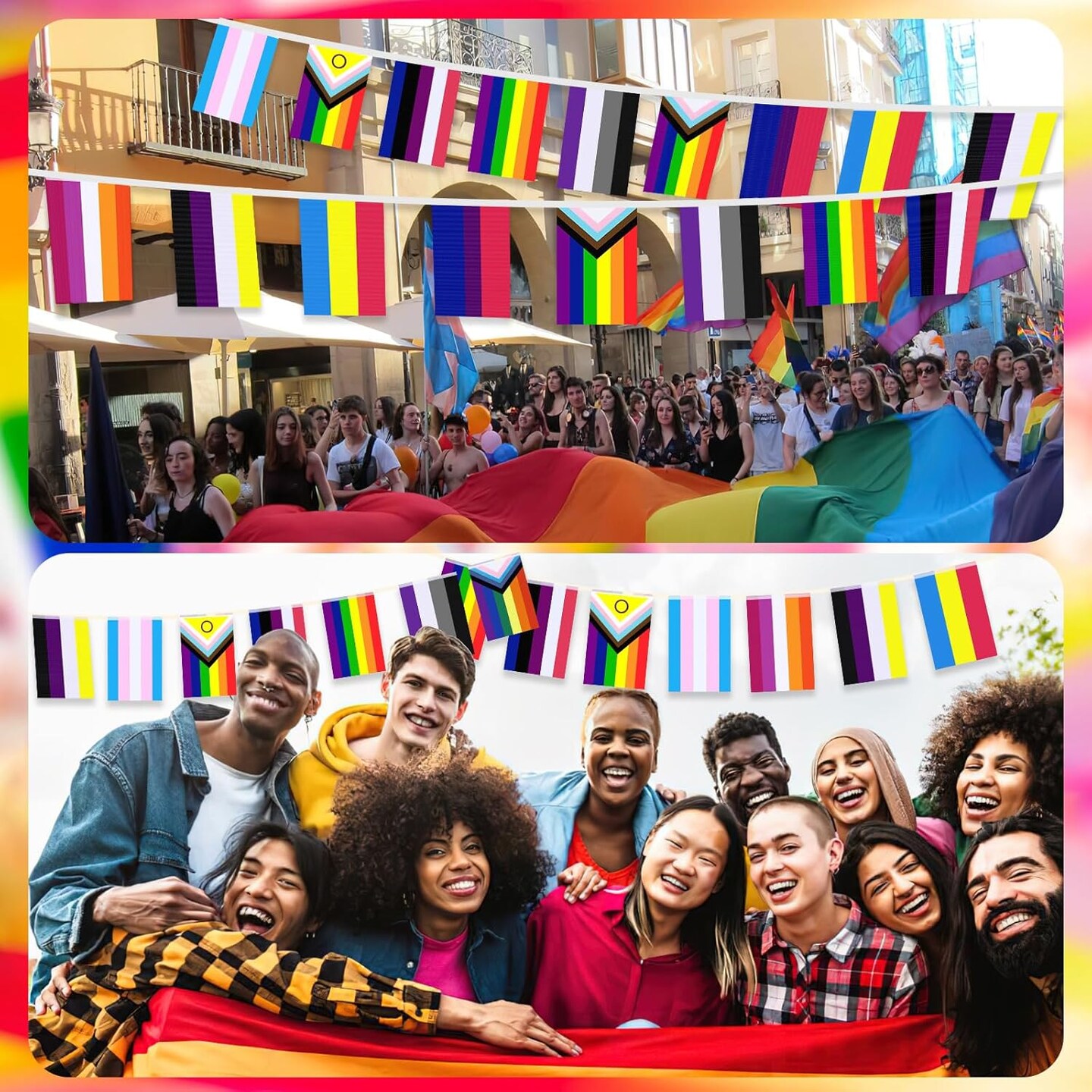100 Pcs 105 Feet Pride Flags Banners, Gay Rainbow Banner String Lesbian Pansexual Bisexual LGBTQ Pennant Flags Bunting for Home Garden Bars Pride Month LGBT Party Decorations, 10 Styles