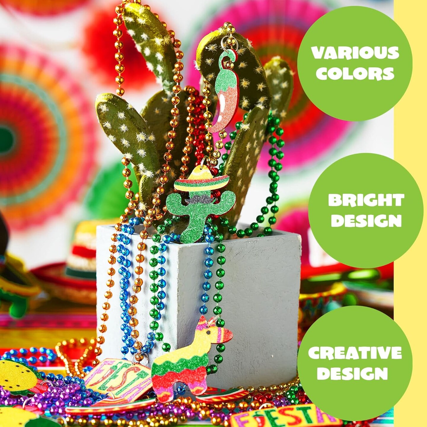12 PCS Cinco de Mayo Fiesta Necklaces Bead- Mexican Birthday Party Favors Supplies Decorations, Luau Photo Props, Carnivals Event, Taco Tuesday