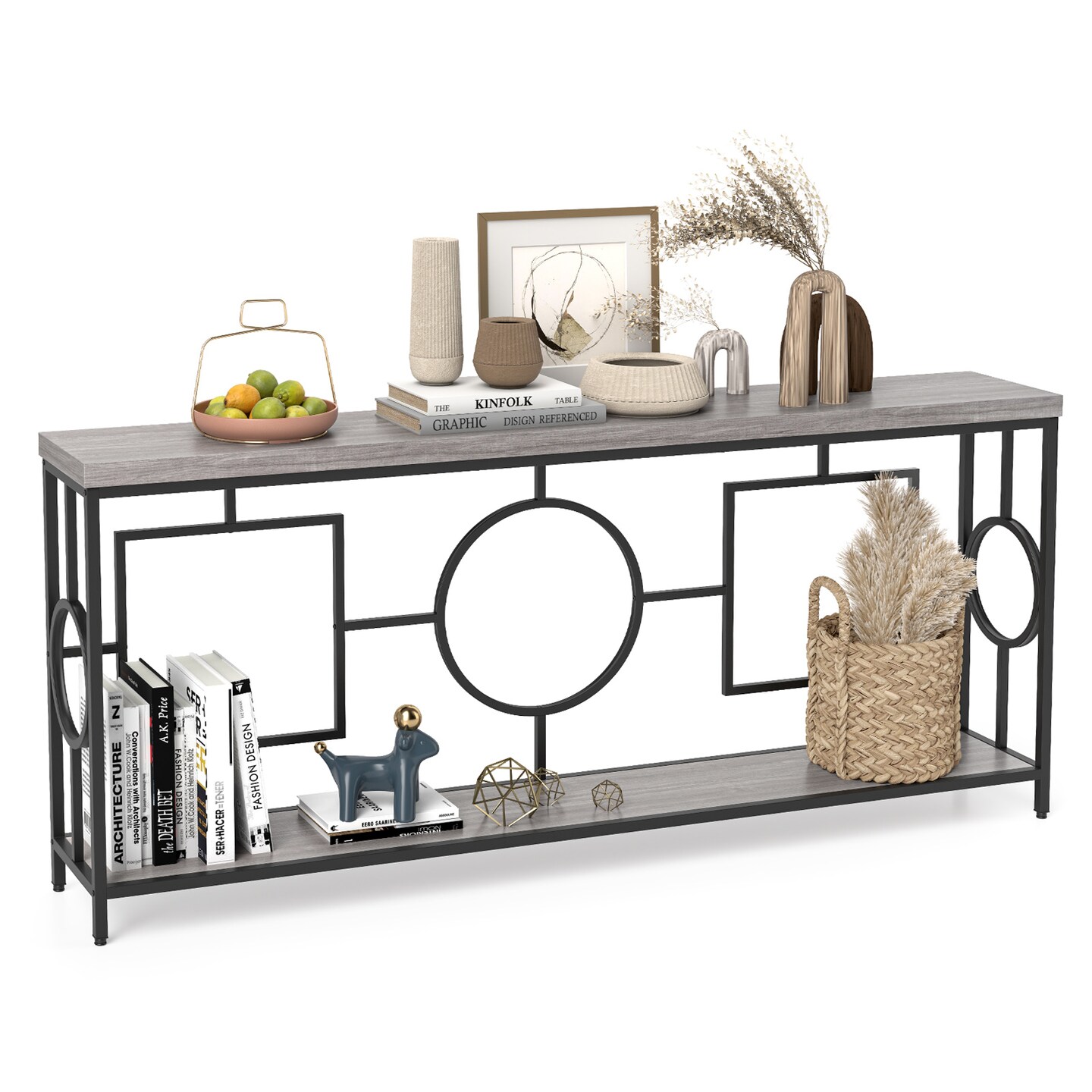 MDF Console Table, 2-Tier Metal Frame with Anti-Tip and Storage