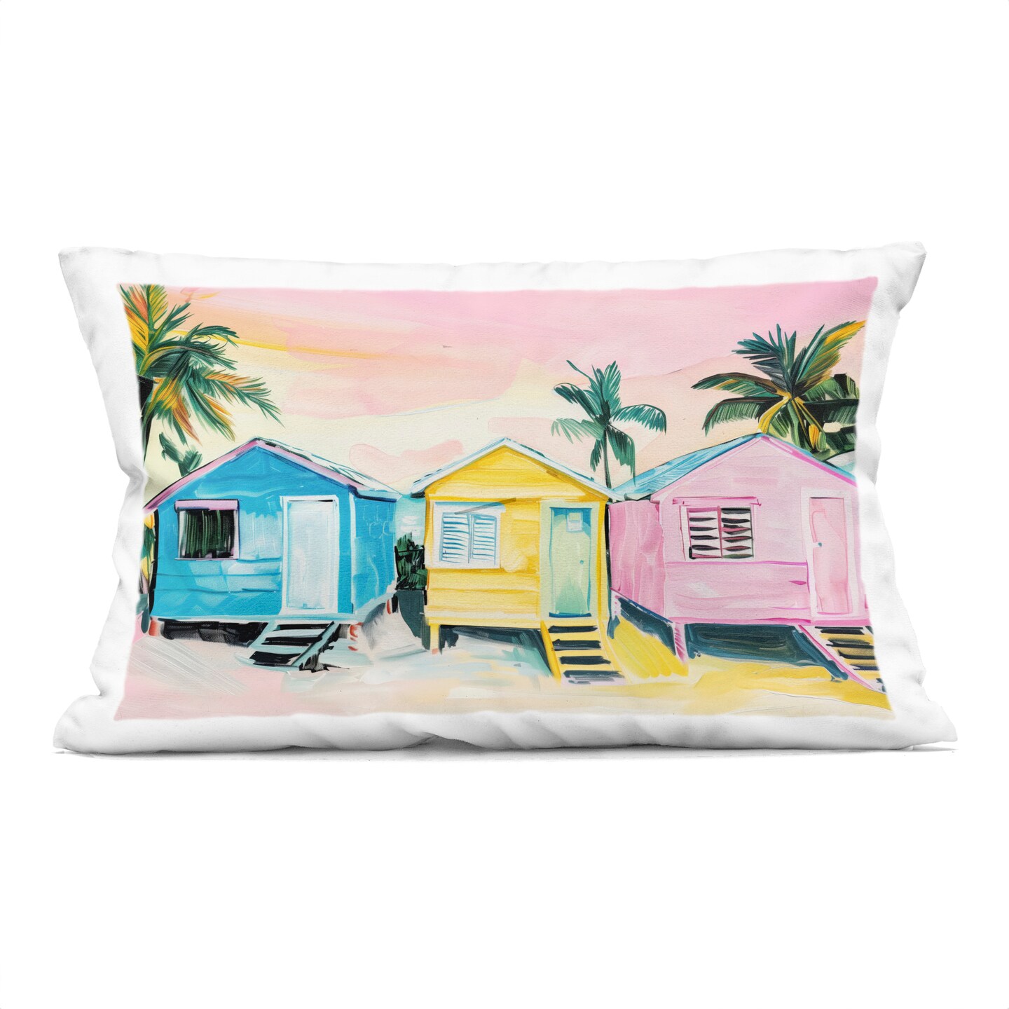 Stupell Industries Pastel Tropical Beach Cabins Decorative Printed Pillow design by Arlington Prints, 14 x 7 x 20