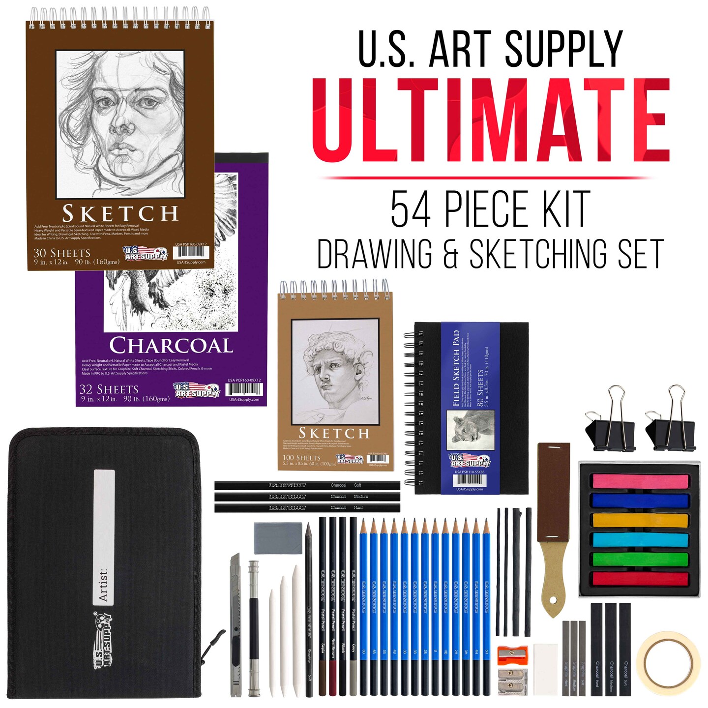 54-Piece Drawing &#x26; Sketching Art Set with 4 Sketch Pads - Ultimate Artist Kit, Graphite and Charcoal Pencils &#x26; Sticks, Pastels, Case