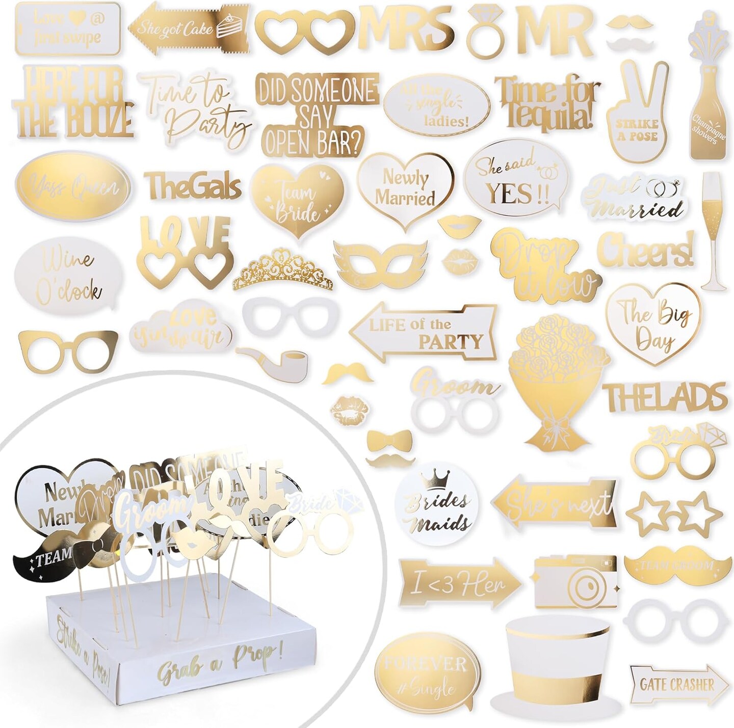 60PCs Fully Assembled Wedding Photo Booth Props - Prop Stand - Gold Signs - Elegant Wedding &#x26; Reception Party Supplies- Funny Wedding Props -Gold Foil Print &#x2013; Bridal PhotoBooth