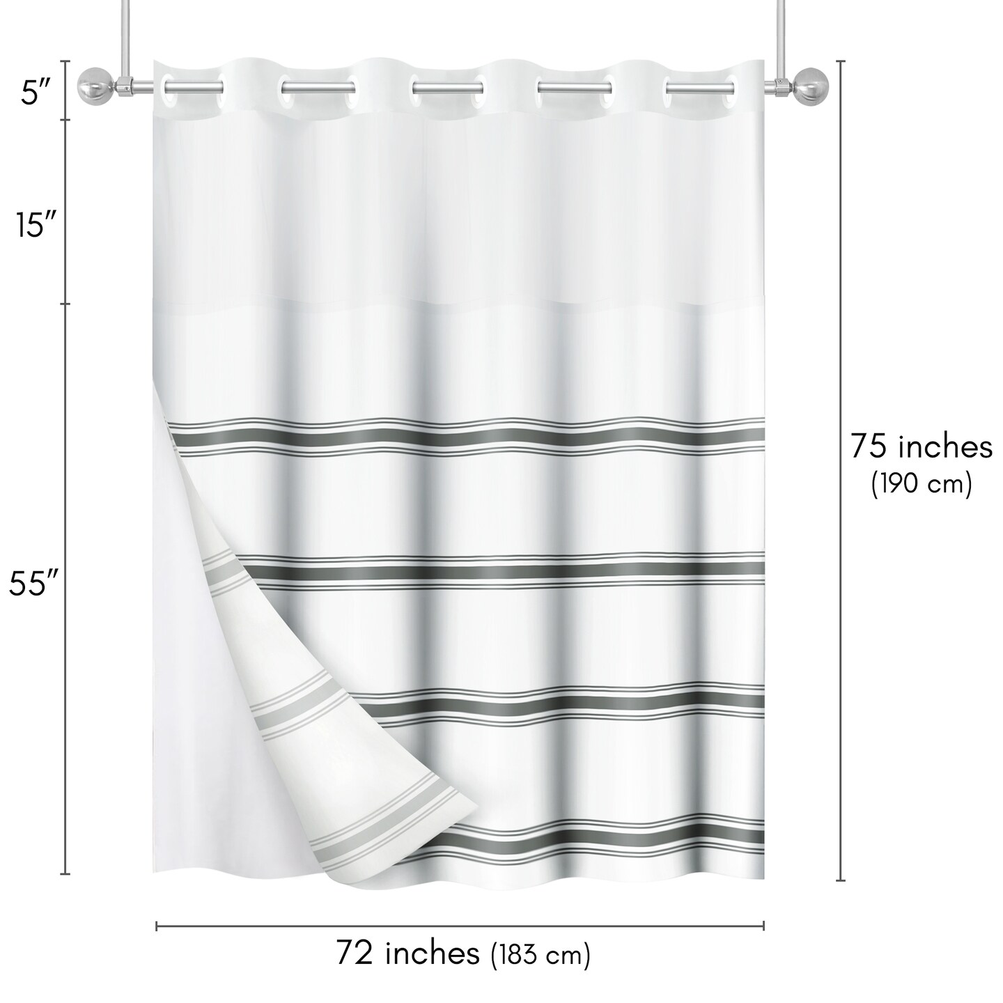 Americanflat 72x75 Hookless Shower Curtain - Water-Resistant Shower Curtain with Sheer Panel, Snap-In Liner, and Grommets - 100% Polyester