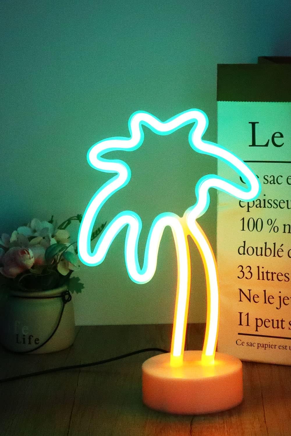 Summer Tropical Neon Palm Tree Light &#x2013; Summer Night Lamp for Beach-Themed Room Decor, USB/Battery Powered, 11.5&#x201D; Table Light