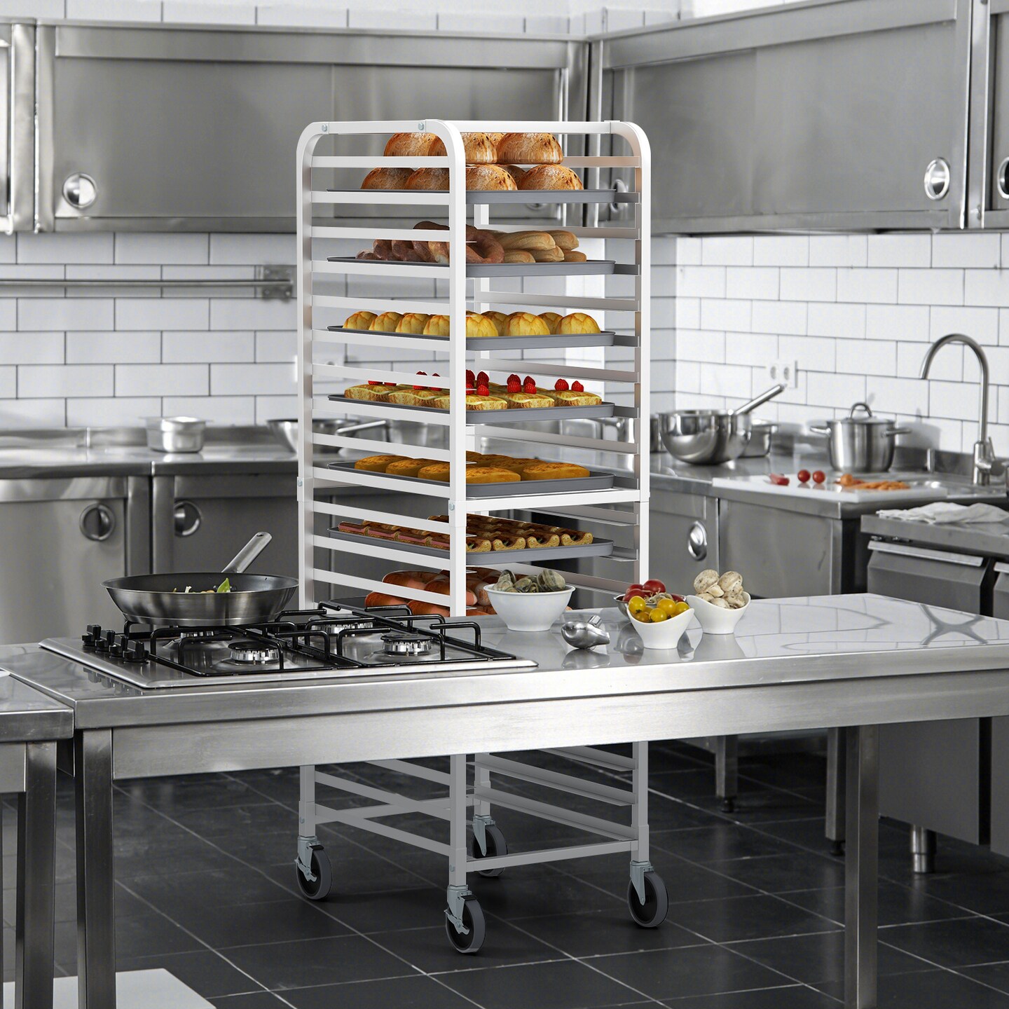 20 Tier Heavy Duty Aluminum Pan Rack Frame with Swivel 4 Wheels and Open Shelves