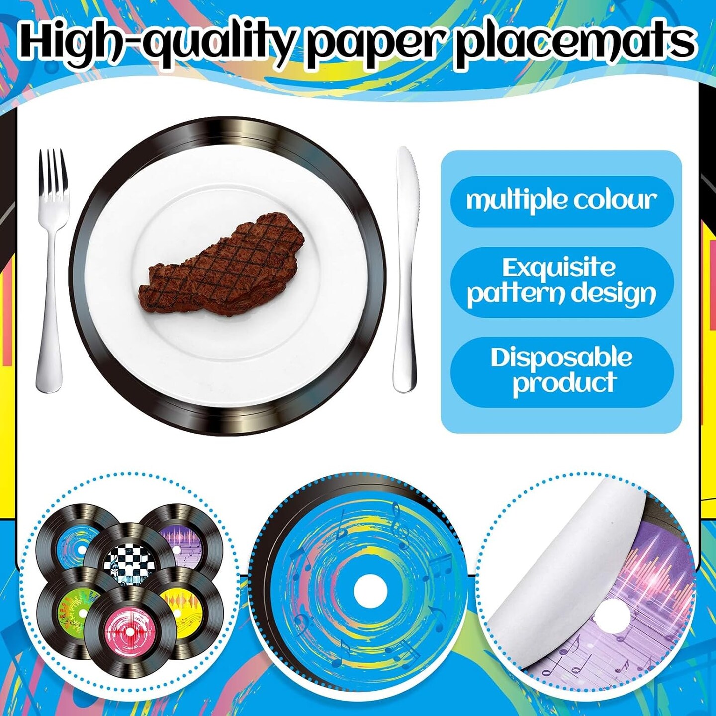 60 Pcs 13&#x27;&#x27; 1950&#x27;s Rock and Roll Vinyl Record Placemat Vintage Musical Theme Table Place Mats Paper Round Disposable Placemats 50&#x27;s Theme Rock Party Table Mats for Dining Home Decorations