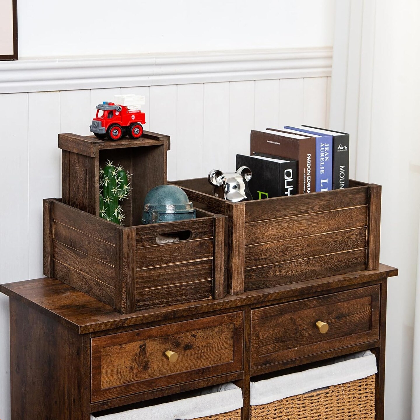 Large Vintage Black Wooden Crates For Storage