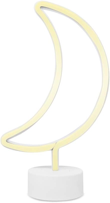 Summer LED Neon Yellow Crescent Moon Tabletop Lamp with White Base, Battery Powered Night Light for Nightstand, Bedroom D&#xE9;cor, Party, and Celebrations
