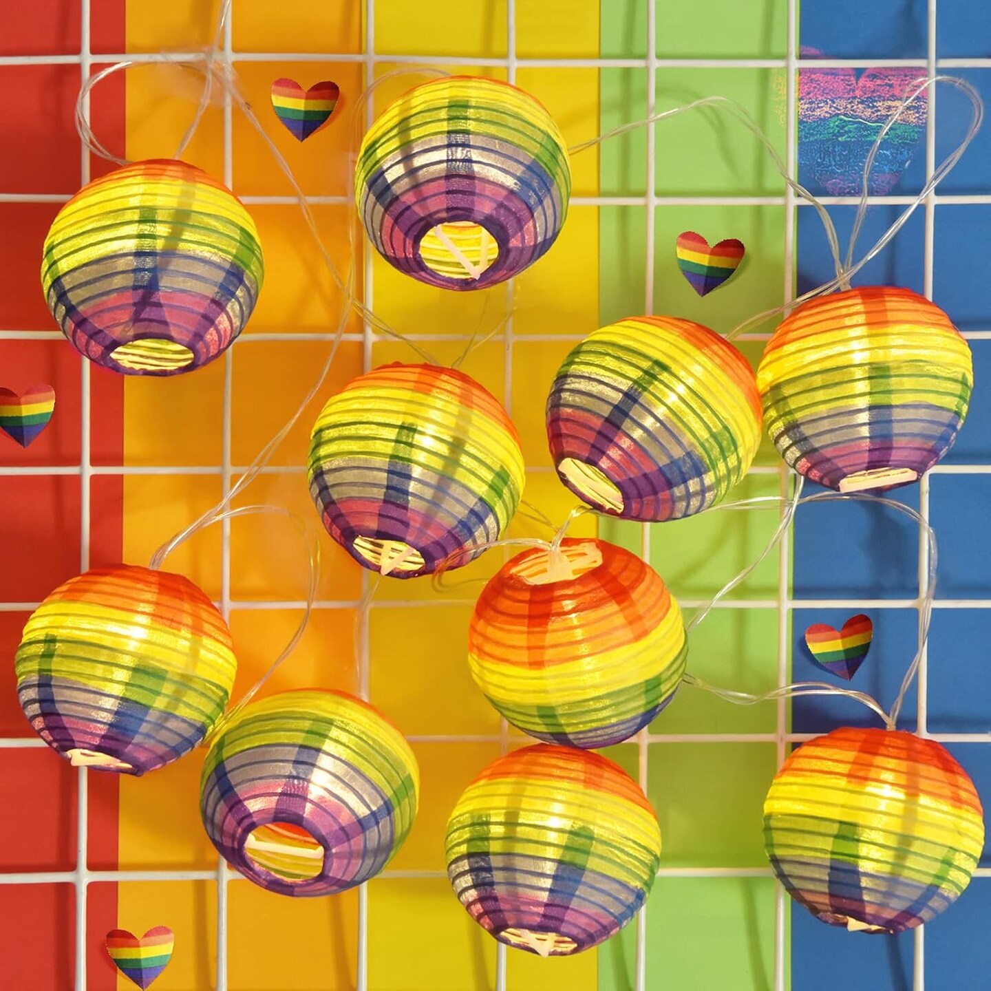 Pride Decorations Rainbow Lantern Pride Lights Gay Pride Nylon Lantern 9.4Ft Battery Operated Ball Rainbow Lights 10 Count Lantern String Lights Pride Decor for Pride Month, Room, Yard, Party