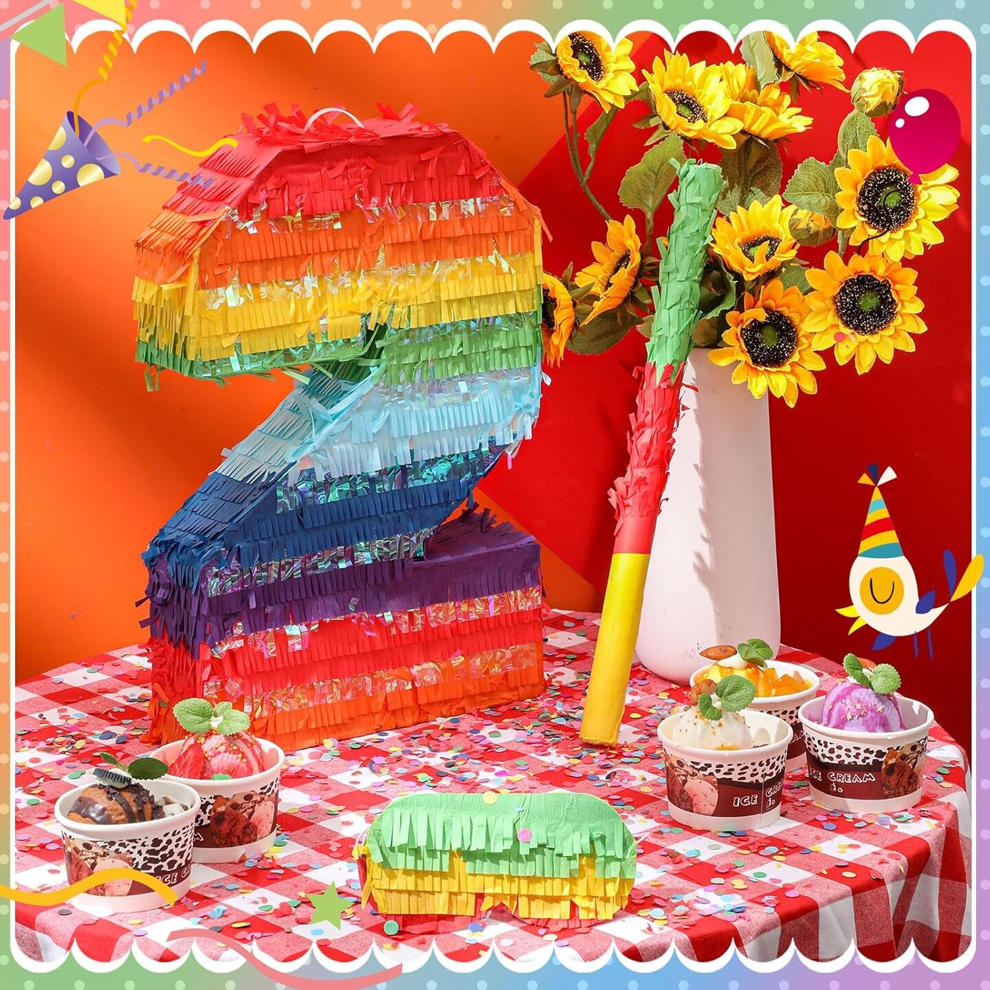 Rainbow Mexican Number 2 Piñata for Kids with Blindfold Stick and Confetti Birthday Party Decoration Piñata for Anniversary Cinco de Mayo Fiesta Party Decor(Number 2)