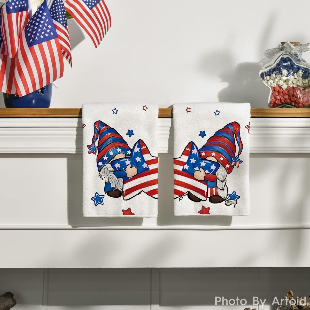 American Flag Stars Gnome 4th of July Kitchen Towels Dish Towels, 18x26 Inch Patriotic Memorial Day Decoration Hand Towels Set of 2