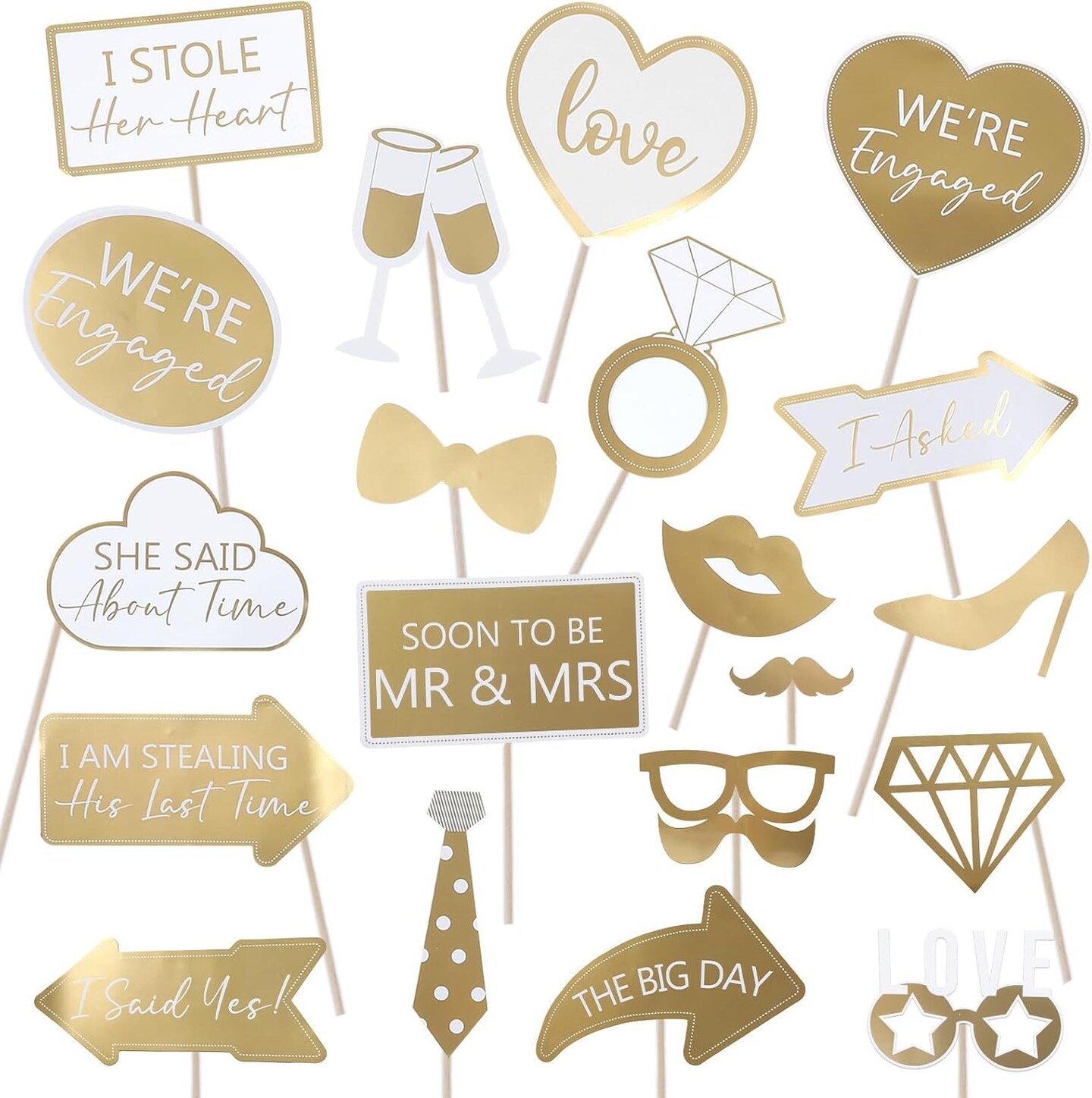40Pcs Gold Engagement Photo Booth Props We are Engaged Photo Props Decorations for Wedding Reception Bridal Shower Ceremony Party Supplies Favors