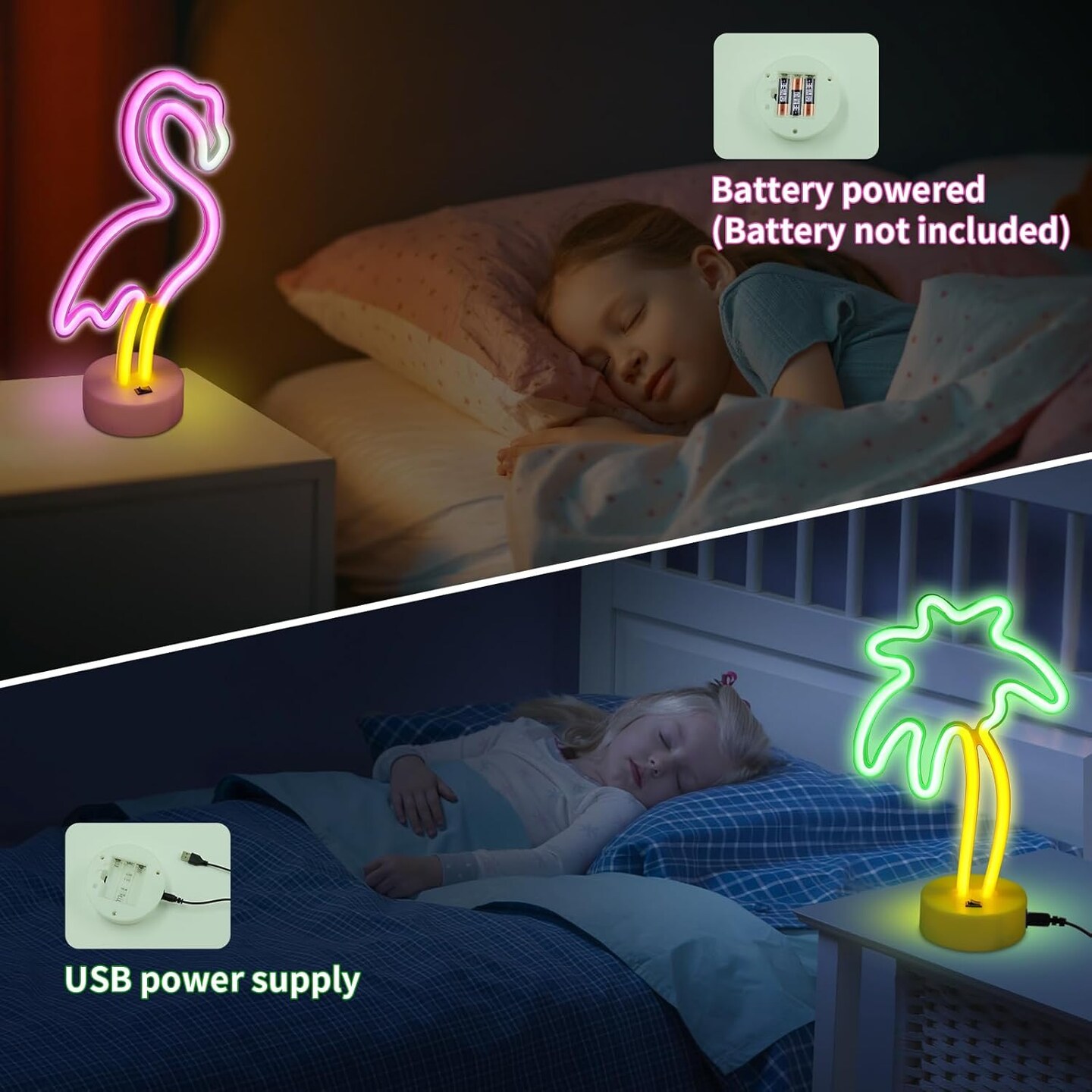 Summer 2-Pack Neon Signs – Pink Flamingo & Neon Palm Tree LED Lights, USB or Battery Powered, Energy Efficient Decor for Bedroom, Party, Office, and Dining Tables