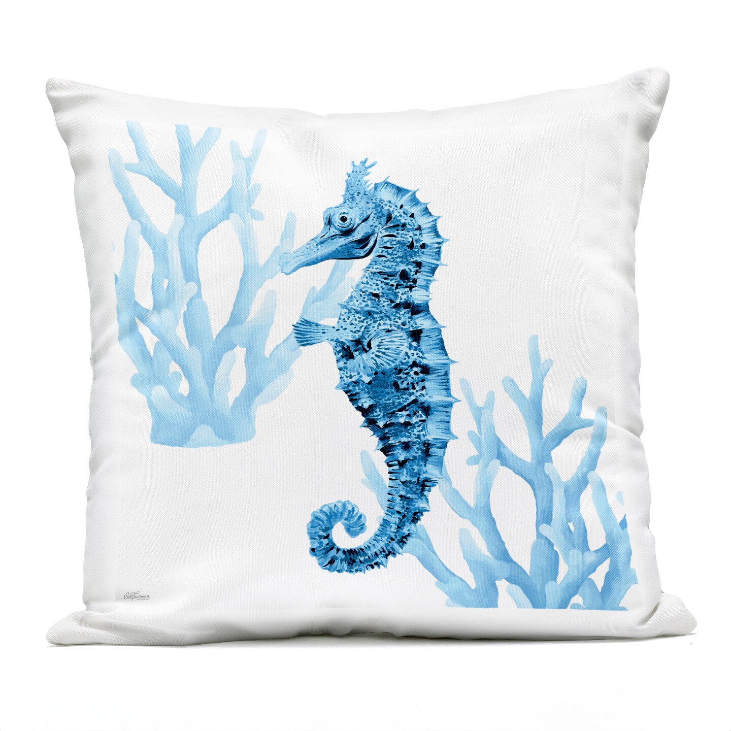 Stupell Industries Blue Tone Seahorse &#x26; Coral Outdoor Printed Pillow design by Cat Thurman Designs, 18 x 7 x 18
