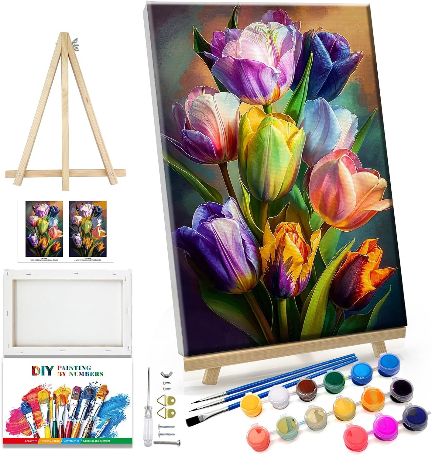 Floral paint by numbers kit for adults featuring a tulip design—includes pre-framed canvas and easel. Digital oil painting kit (7.87 × 11.81 inches), perfect for home wall décor or as a thoughtful gift.