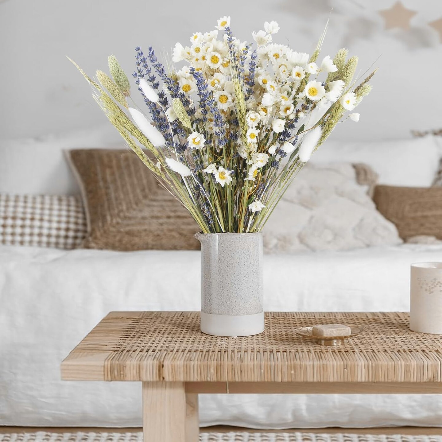 Dried Flowers Bouquet Dried Daisy Flowers Natural Lavender Dried Flowers Bunny Tails Gerber Daisies Flowers Wheat Stalks Floral Arrangements for Wedding Table Centerpiece Decor Farmhouse DIY