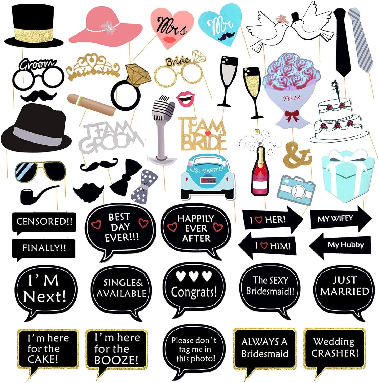 52PCS Wedding Photo Booth Props with Stick Bridal Shower Photo Booth Props Funny Photo Props, Wedding Party Supplies for Bride Groom, Bachelorette Wedding Party Decorations for Men Women Selfie Props