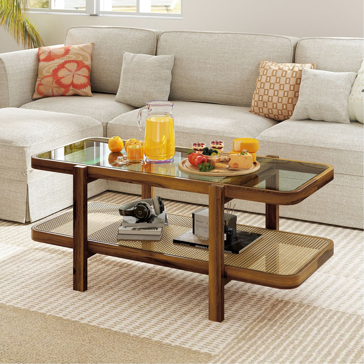 Rustic Acacia Wood Coffee Table with Tempered Glass Top & PE Rattan Shelf