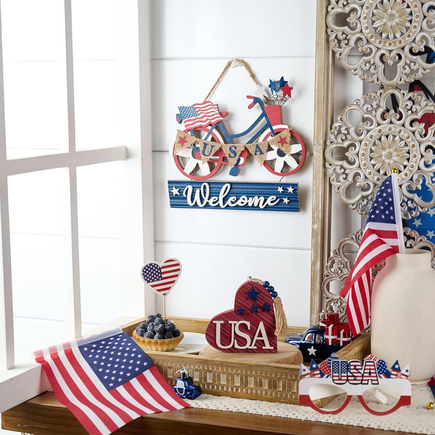 4th of July Decorations for Front Door, Wooden Patriotic Wreath, Red White Blue Decor Americana Welcome USA Sign Bike for Memorial Day Independence Day Labor Veteran Day Indoor
