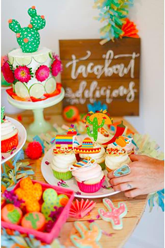 36 Pcs Fiesta Cupcake Topper Mexican Theme Cake Decoration for Mexican Themed Cactus Donkey Taco Pepper Sombrero Mustache Party Decorations
